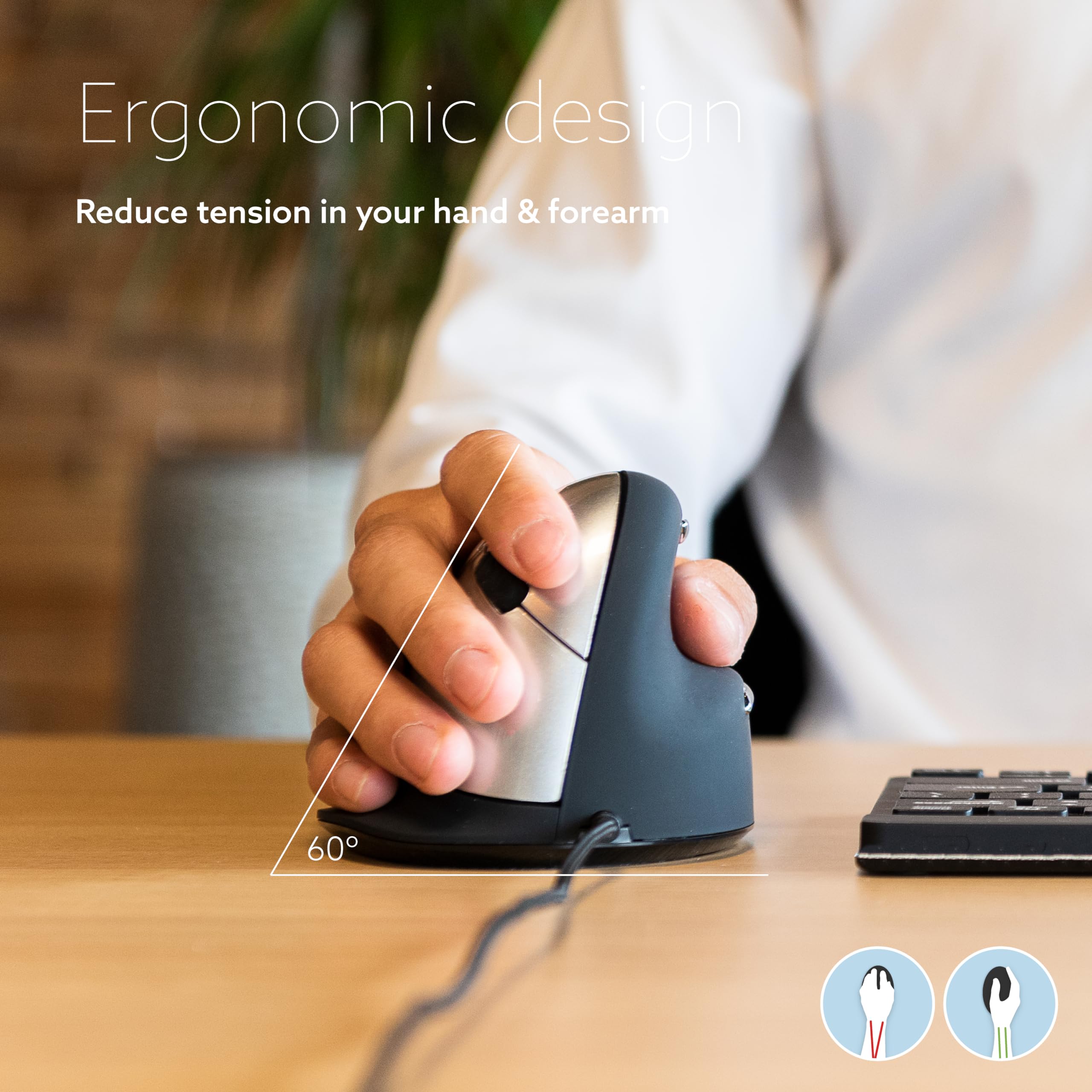 R Go He Vertical Ergonomic Mouse, Break Software, Wired Usb C Usb A Converter, Prevents Tennis Elbow/Mouse Arm Rsi, Silent Click