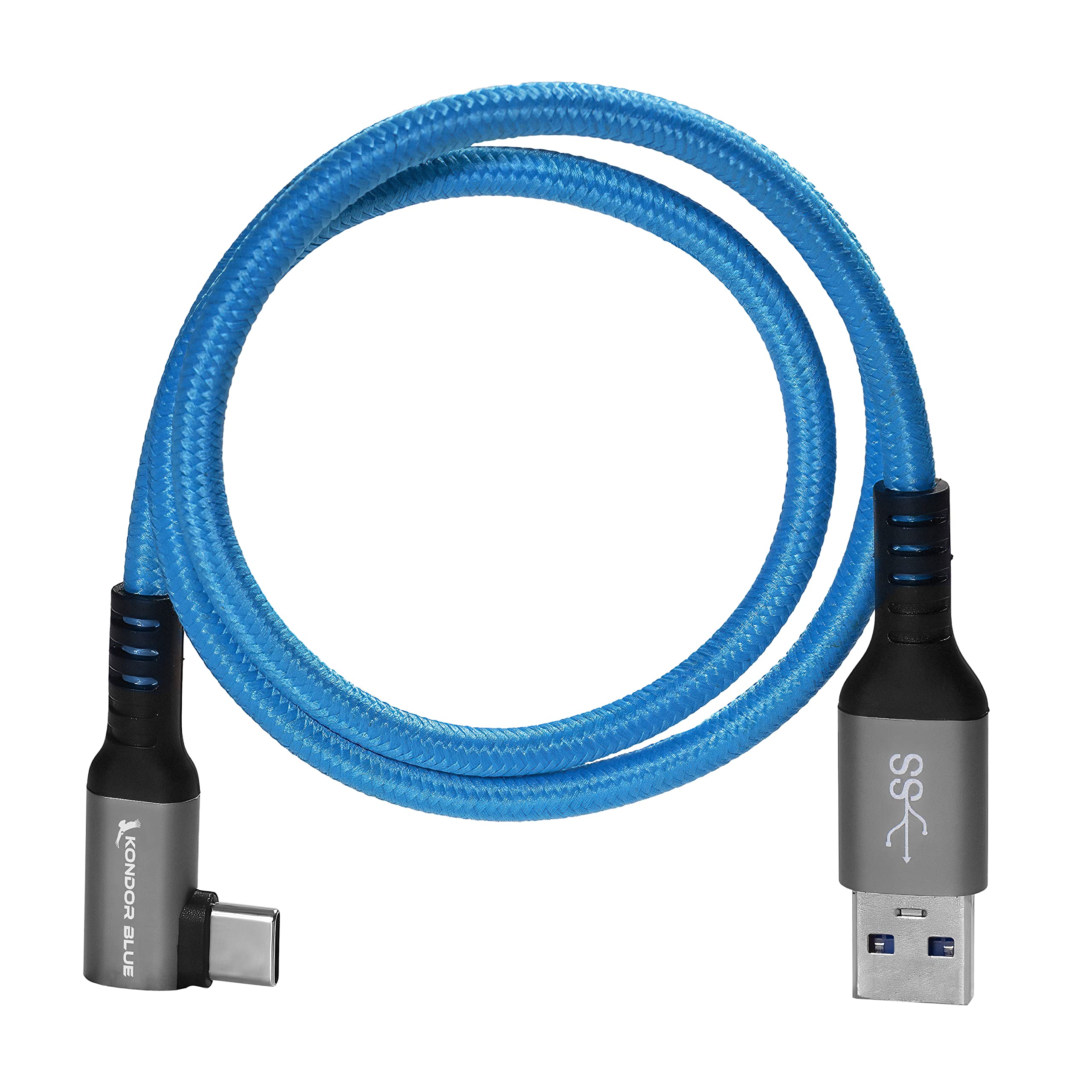 Kondor Blue 2' Straight Usb C To Usb A 3A 60W 5Gb/S | Right Angle Braided Cable For Data And Power Delivery