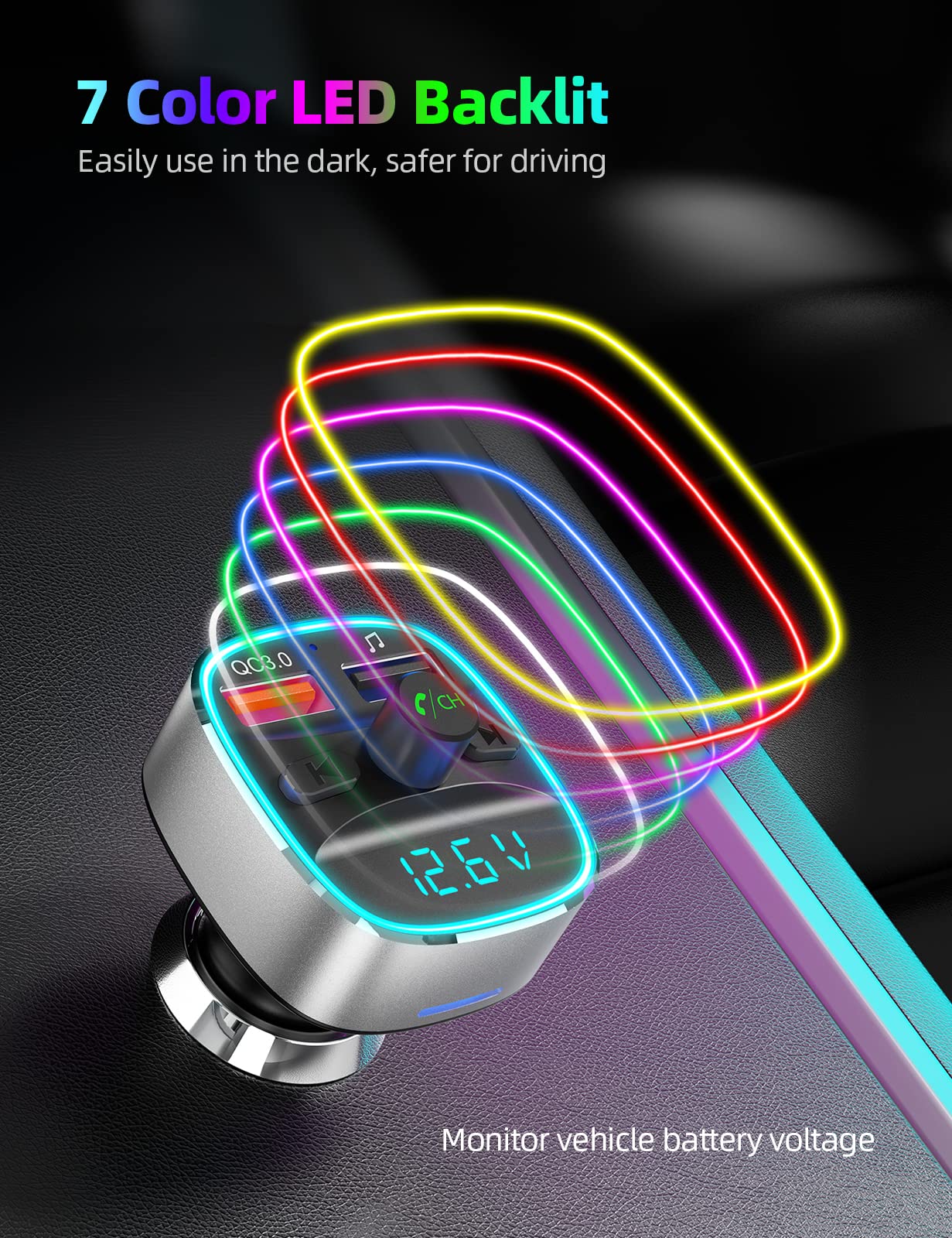 Nulaxy Bluetooth Fm Transmitter For Car,Bluetooth Car Adapter With Dual Usb Charging Car Charger Mp3 Player Support Tf Card & Usb Disk,Hands Free Calling,7 Colors Led Backlit Light Silver