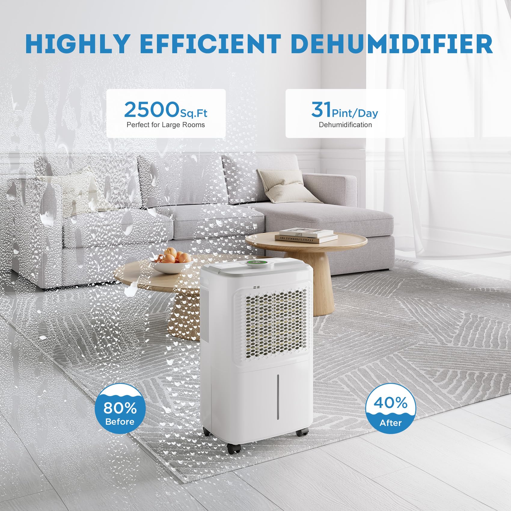 Dehumidifier For Basement, Home Dehumidifiers With Drain Hose For Large Room Bathroom, Auto Drain Or Manual Drainage (31 Pint)