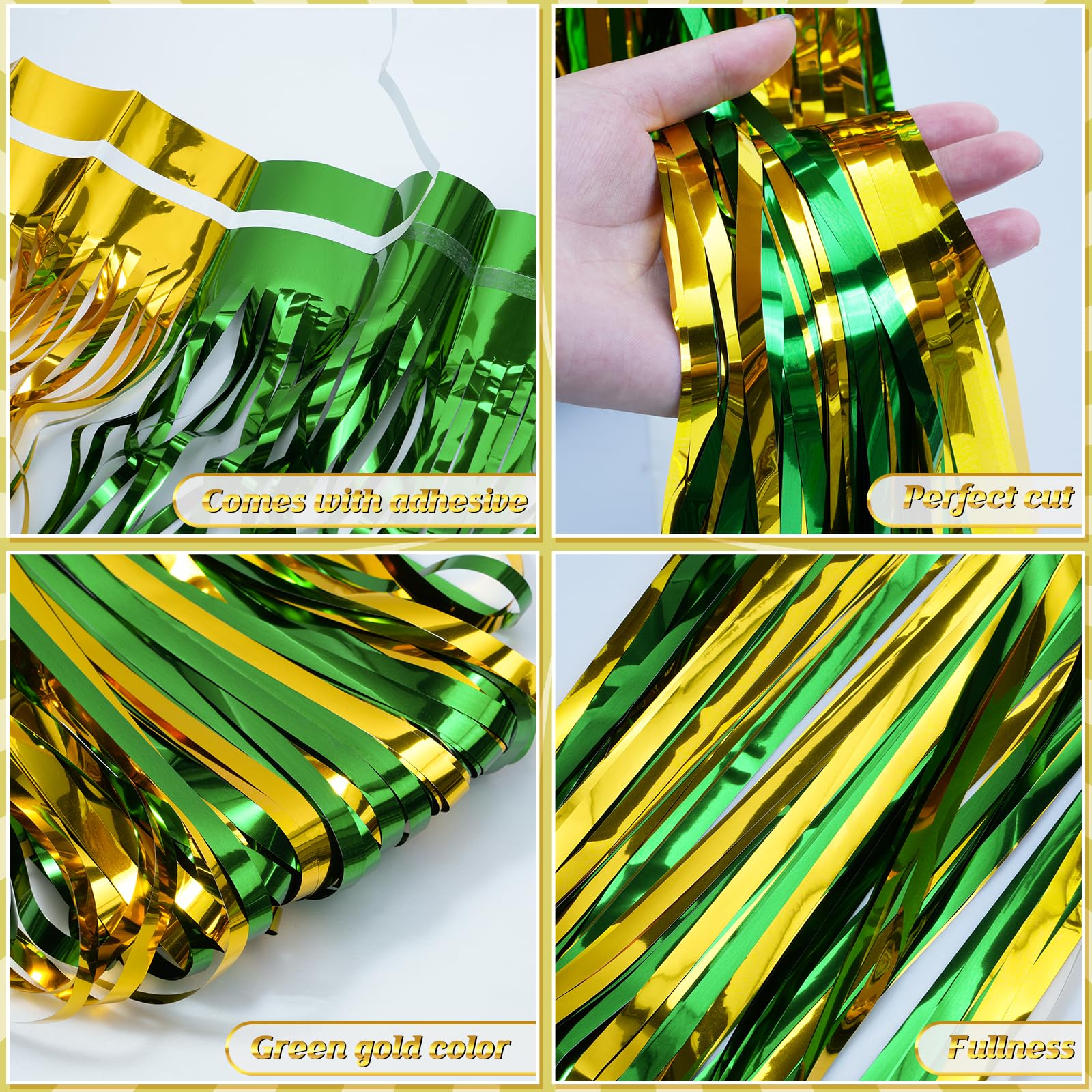 6Pack 3.3Ft X 6.6Ft Graduation Foil Fringe Curtain Backdrop Decorations, Green Gold Metallic Tinsel Foil Streamers Curtain Photo
