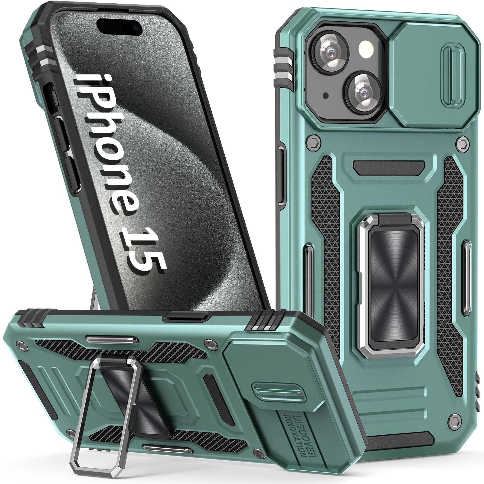 Sefing Phone Case For Iphone 15 Case Iphone 15 Phone Case With Camera Lens Cover, With Ring Holder Kickstand, Fit Magnetic Car M