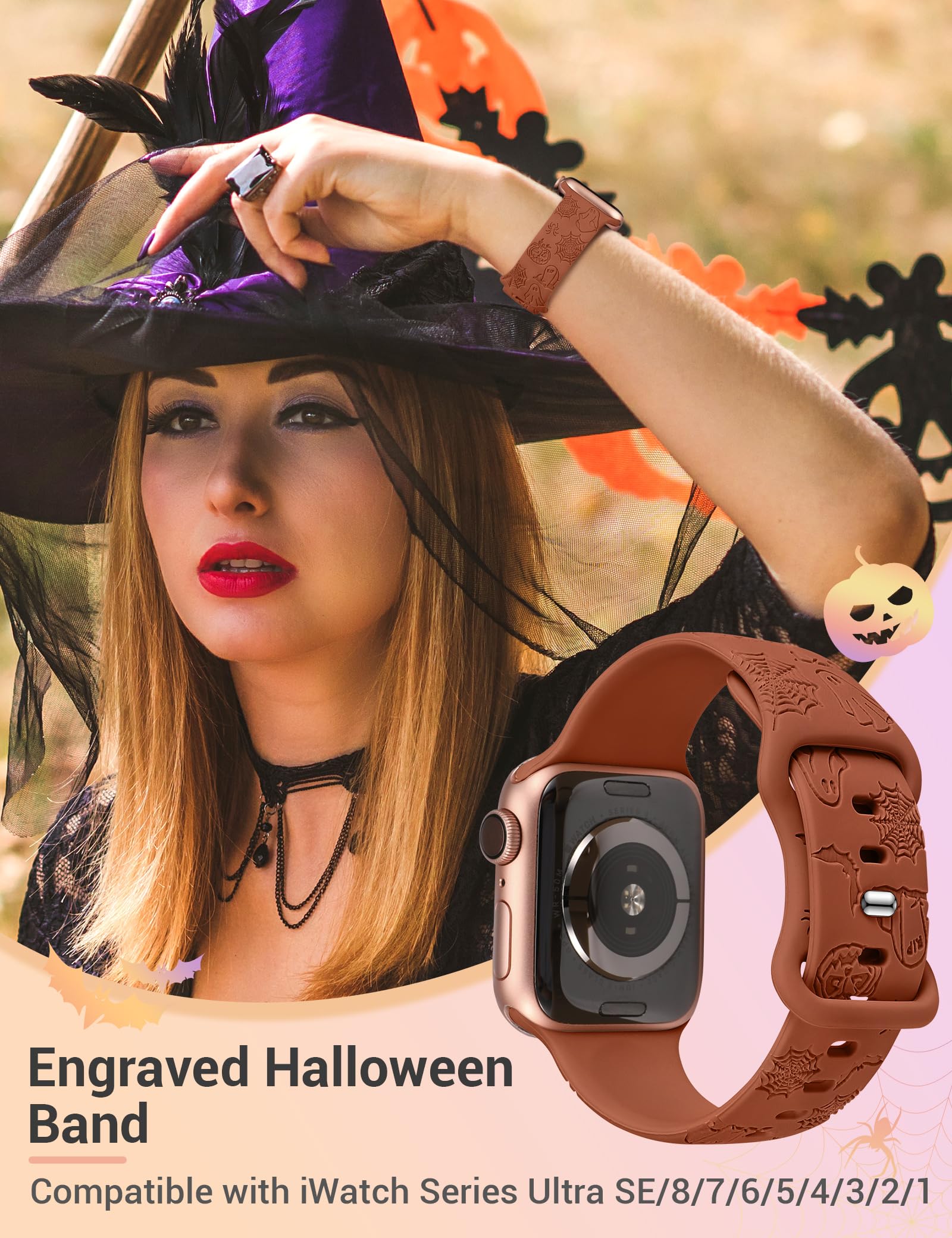 W Rara Halloween Engraved Band Compatible With Apple Watch Band 38Mm 40Mm 41Mm 42Mm 44Mm 45Mm 49Mm For Women Men, Soft Silicone
