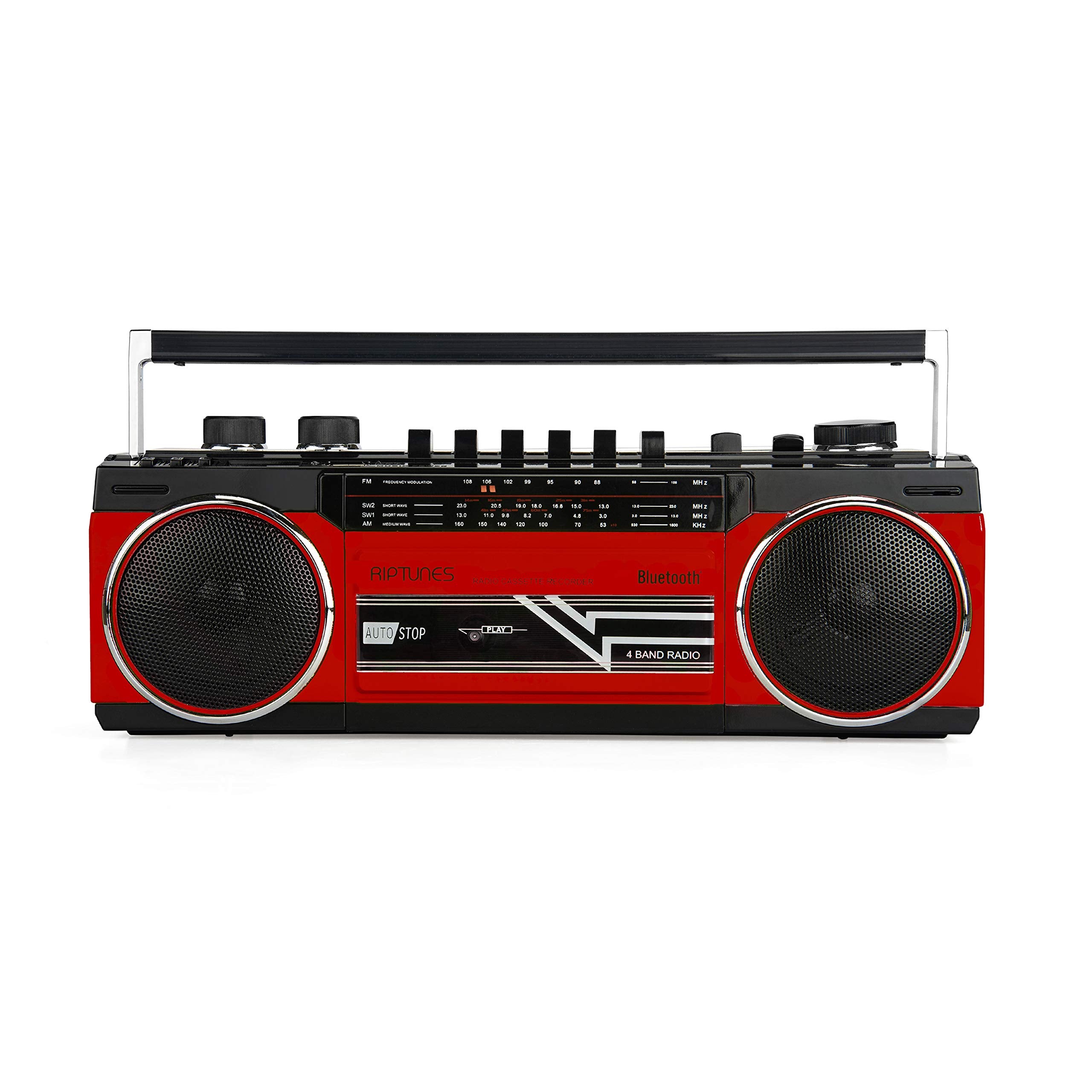 Riptunes Cassette Boombox, Retro Blueooth Boombox, Cassette Player And Recorder, Am/Fm/Sw 1 Sw2 Radio 4 Band Radio, Usb, And Sd, Red