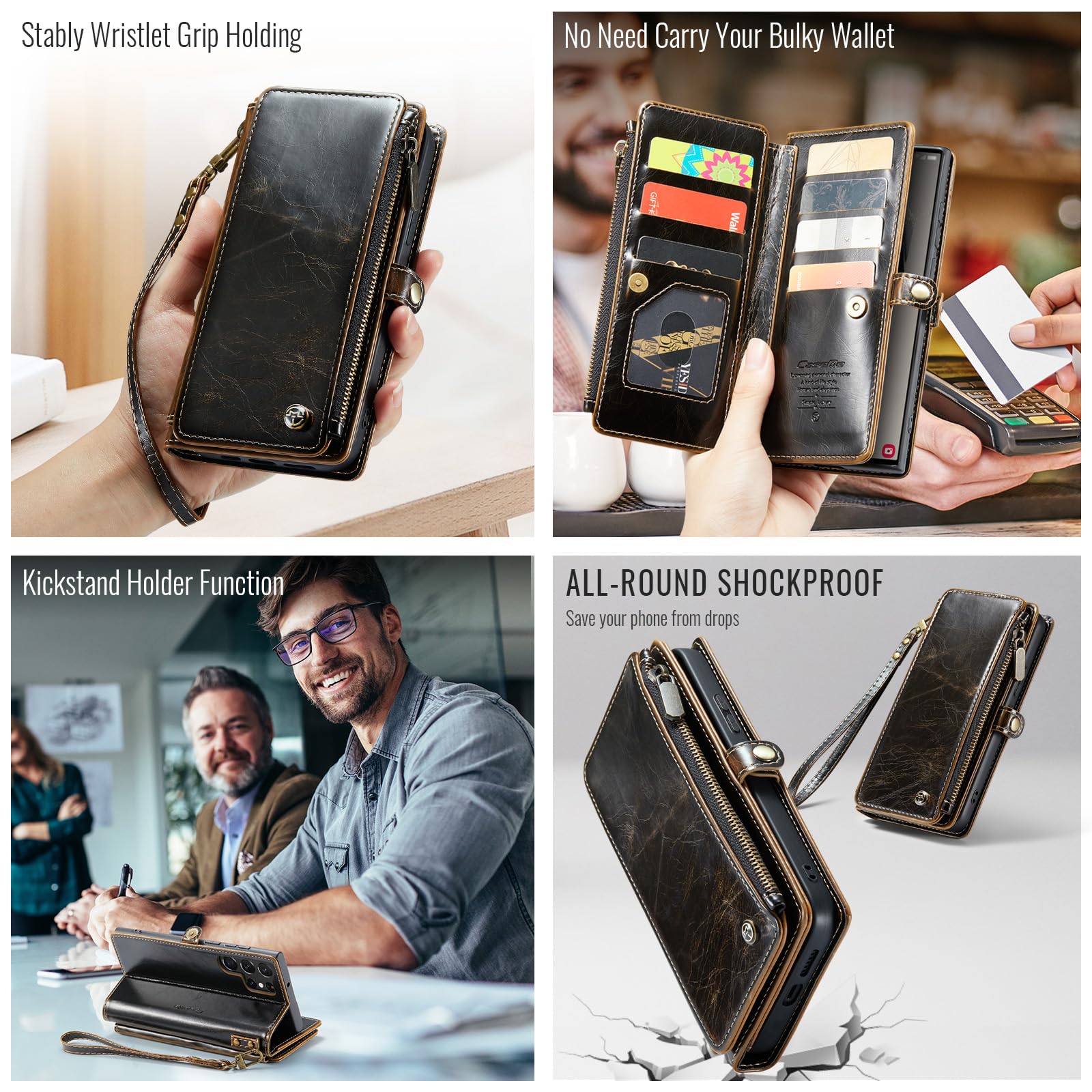 Defencase Samsung Galaxy S23 Ultra Wallet Case, Pu Leather Magnetic Flip Zipper Card Holder, Luxury Coffee