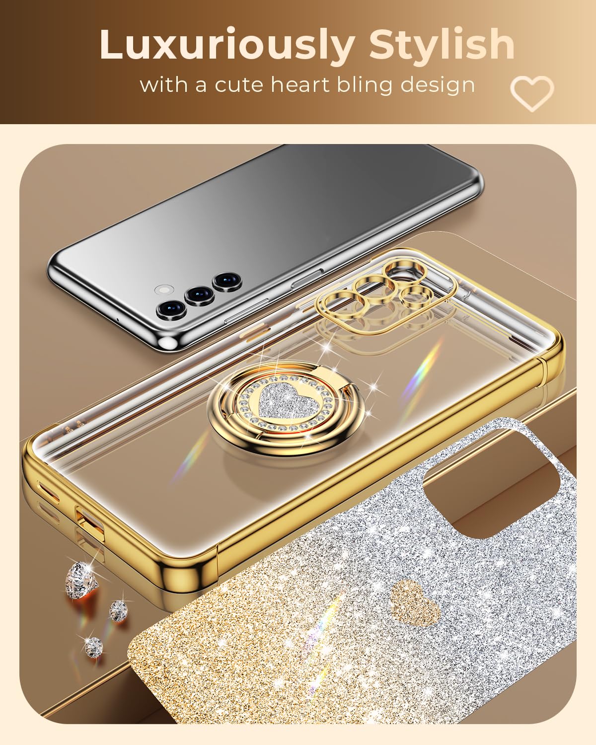 Xyz For Samsung Galaxy S23 Plus Case With Stand, Galaxy S23 Plus Case With Double Ring, Women Girls Bling Luxury Glitter Clear P