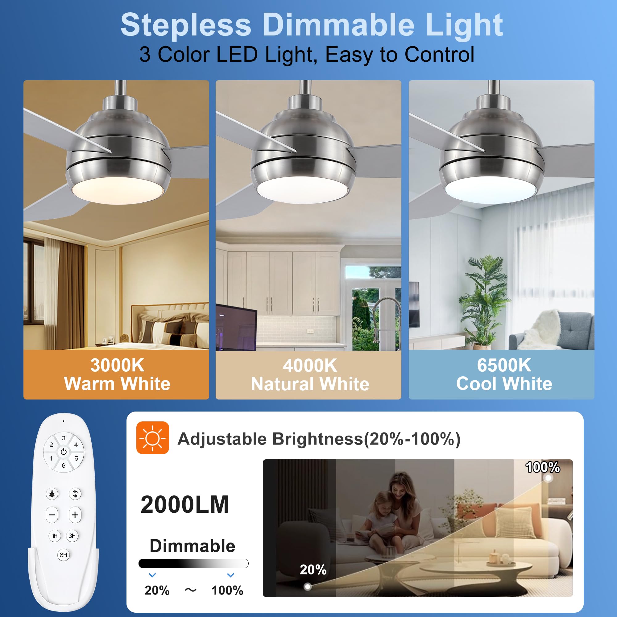 Putroad 42 Inch Ceiling Fans With Lights And Remote, Modern Brushed Nickel Ceiling Fan With Light, Dc Reversible, 6 Speeds, 3Cct