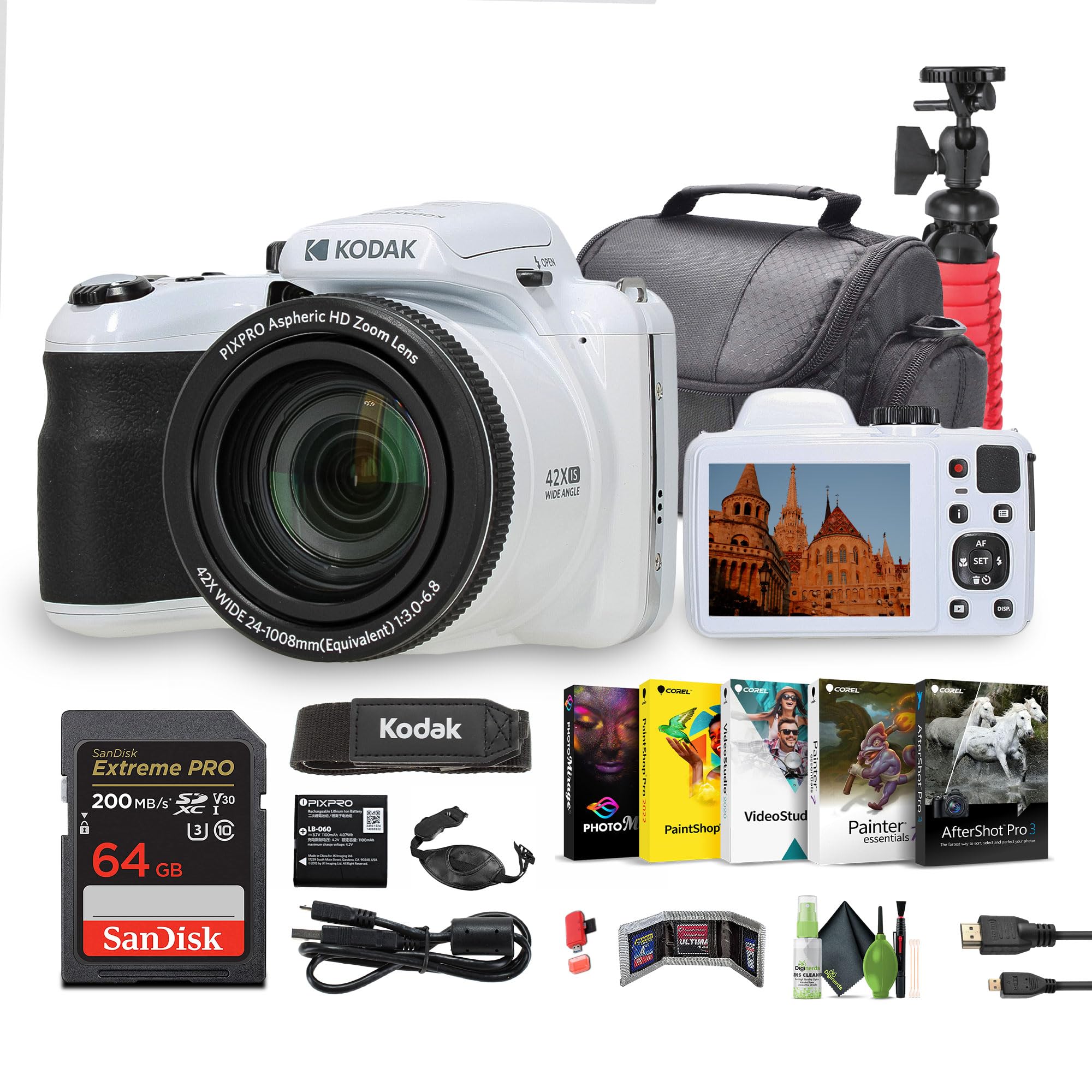 Kodak PIXPRO AZ425 20MP Vlogging Digital Camera (White) 42X Optical Zoom, 24mm Wide Angle Lens Bundle with 64GB Memory Card + Vl