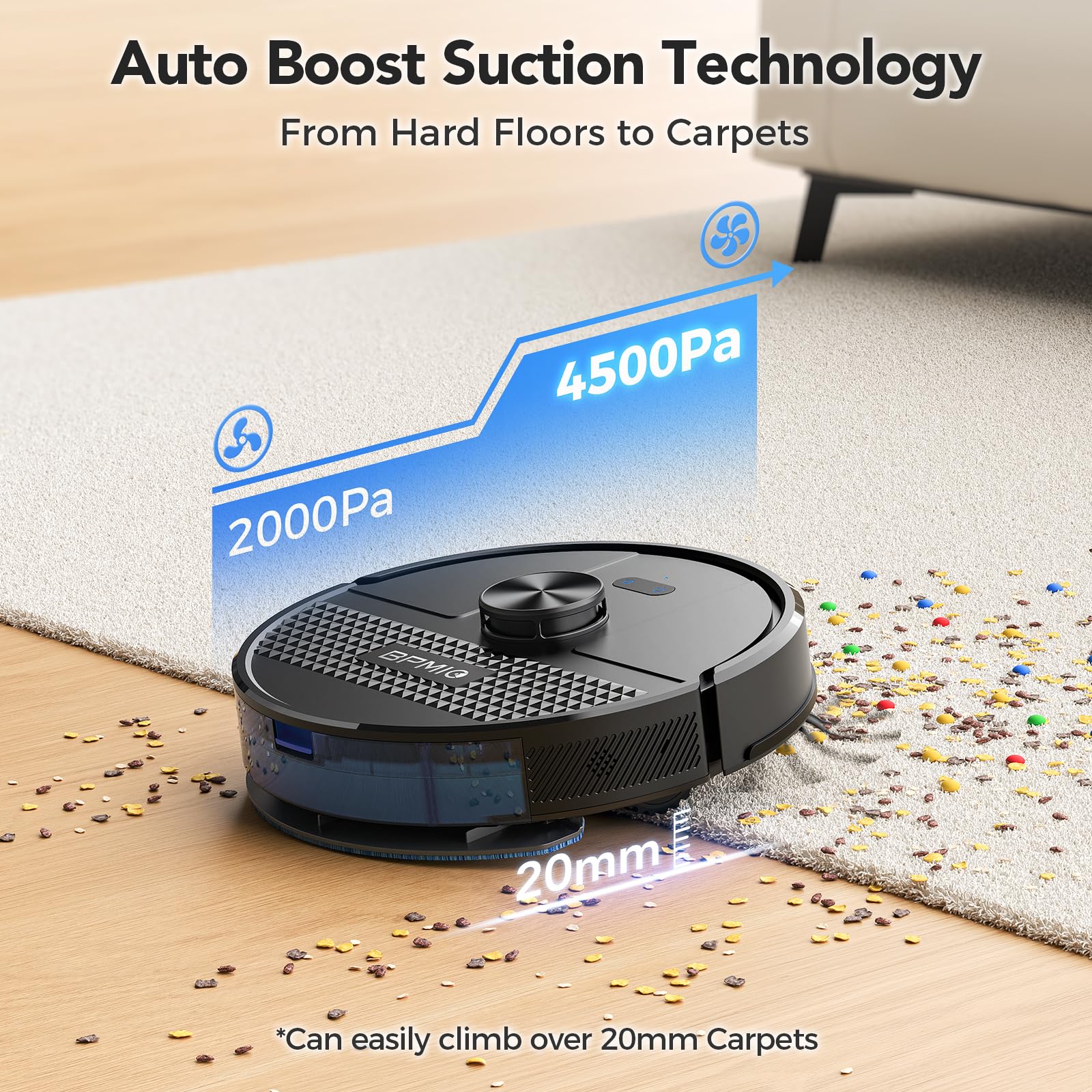 Bpmio Robot Vacuum And Mop Combo 4500Pa Max Suction With Lidar Navigation Smart Mapping, 145 Min Runtime Customized Cleaning Sch