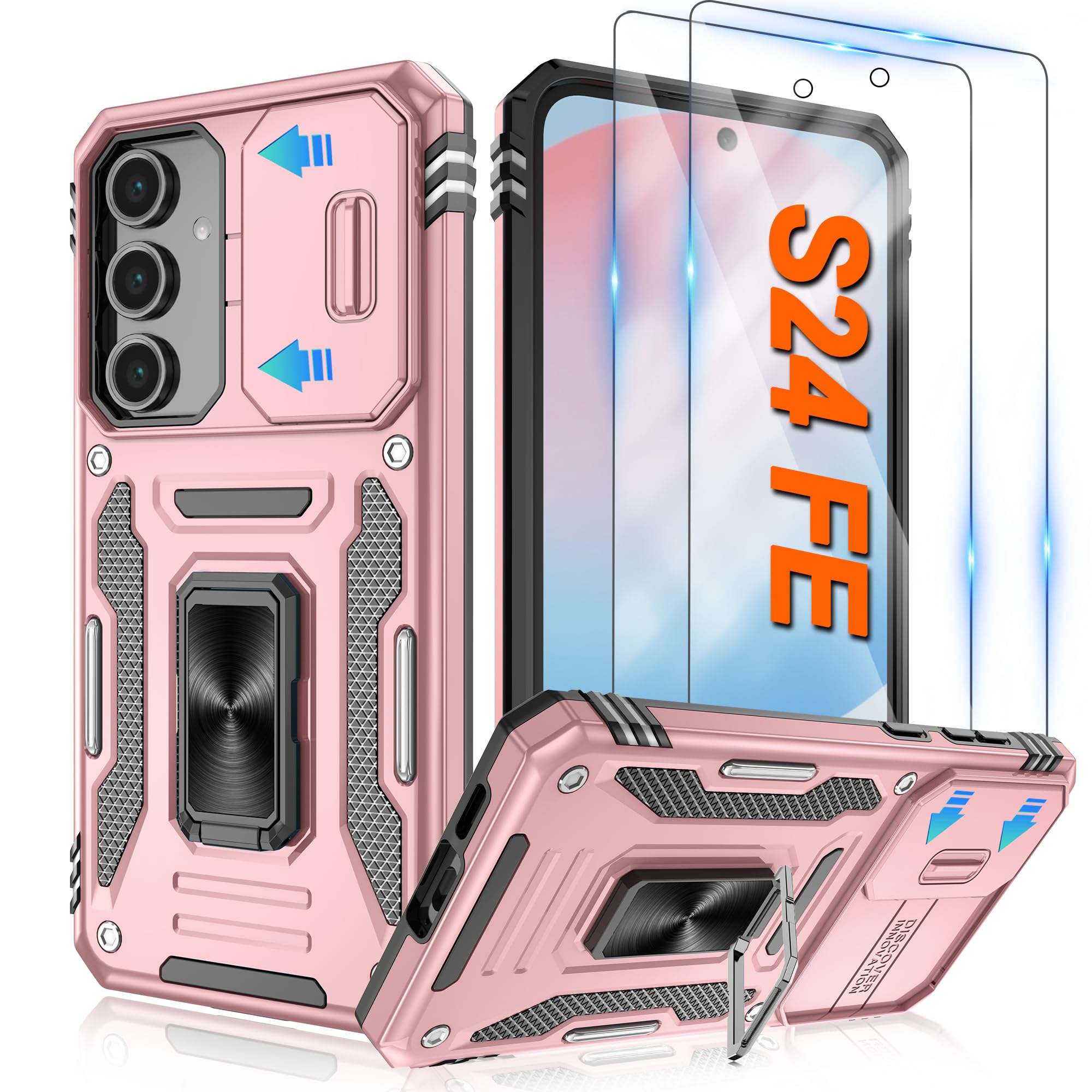 ATUMP for Samsung Galaxy S24 FE Case with [2 Pack] HD Screen Protector & Slide Camera Cover, 360 Rotation Ring Kickstand [Milita