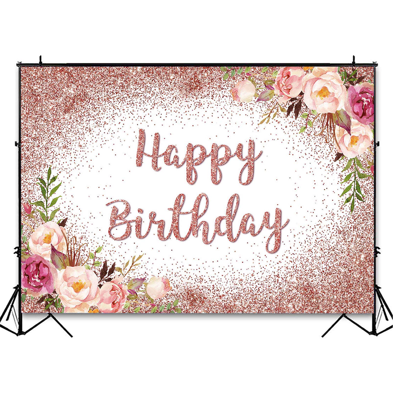 Avezano Rose Gold Birthday Backdrop For Girls Women Happy Birthday Party Photography Background Blush Pink Floral Rose Gold Glit