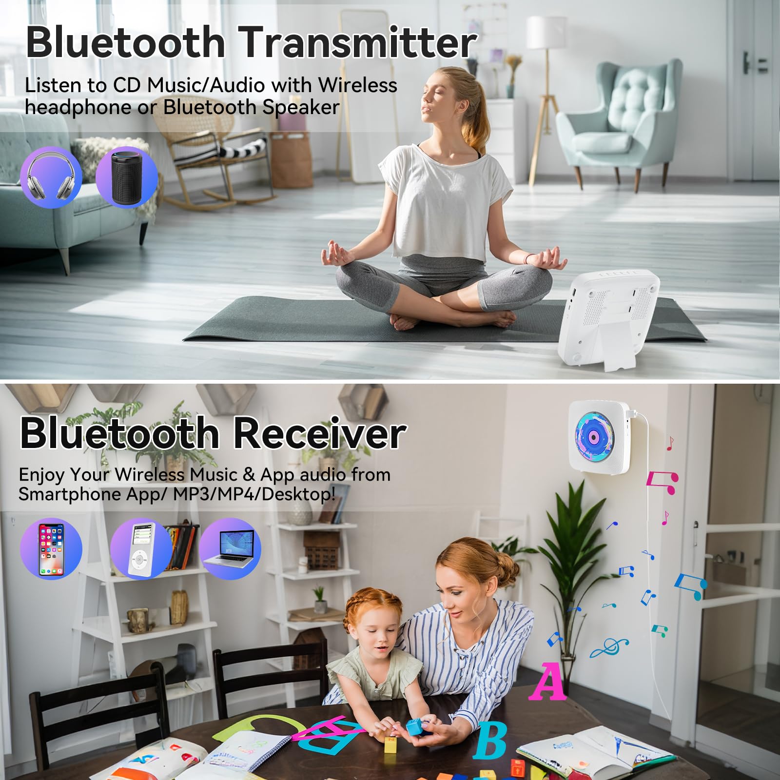 Cd Player Portable Bluetooth Rechargeable: Cd Players For Home With 1800Mah Kegaudio Desktop Wall Cd Player With Speakers Fm Rad