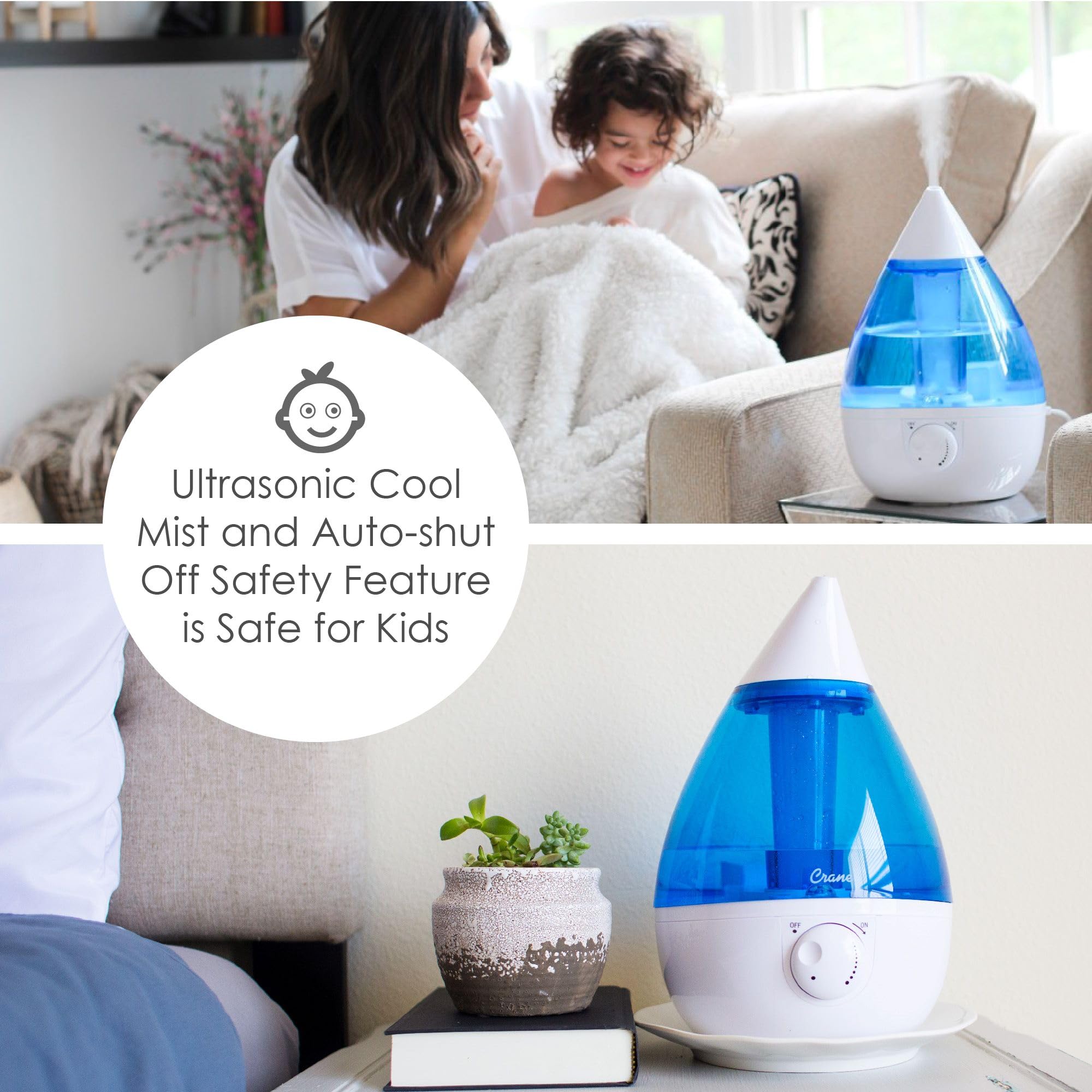 Crane Ultrasonic Cool Mist Humidifier For Bedroom, Baby Nursery, Kids Room, Plants, Or Office, Large 1 Gallon Tank, Filter Optio