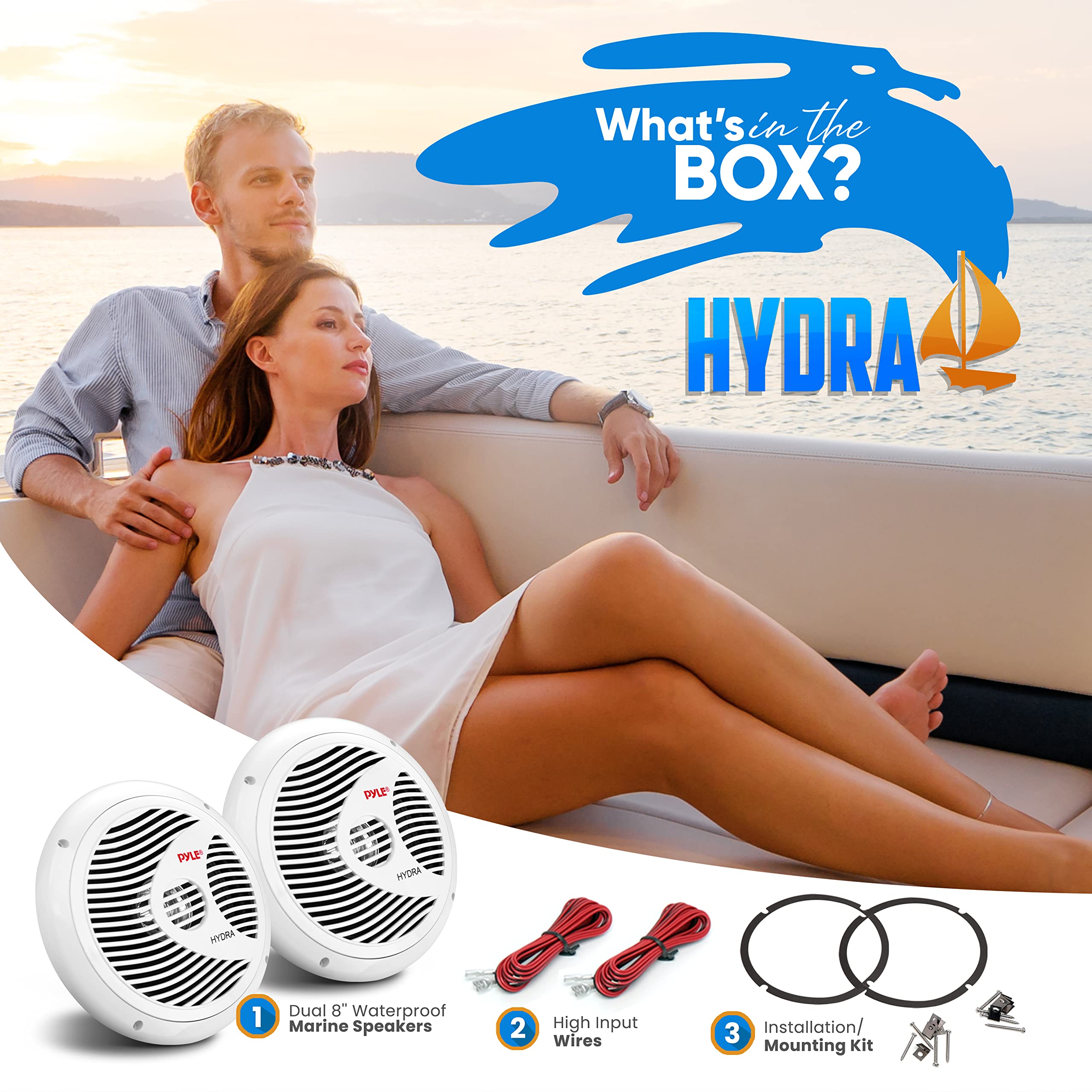 Pyle Marine Speakers, Boat Speakers, Marine Speaker, 8'' 180W Waterproof, 4 Ohm, Pp Cone, Rubber Surround, 1.5'' Voice Coil, 20