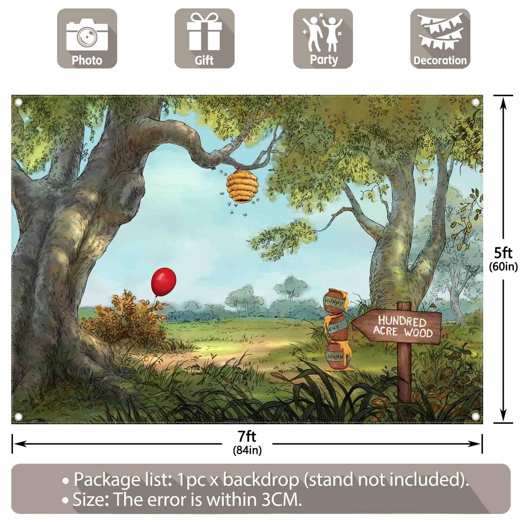 Yriujul 7X5Ft Fabric Hunny Cartoon Spring Forest Photography Backdrop Hundred Sweet Honey Bear Background Bee Acre Red Balloon W