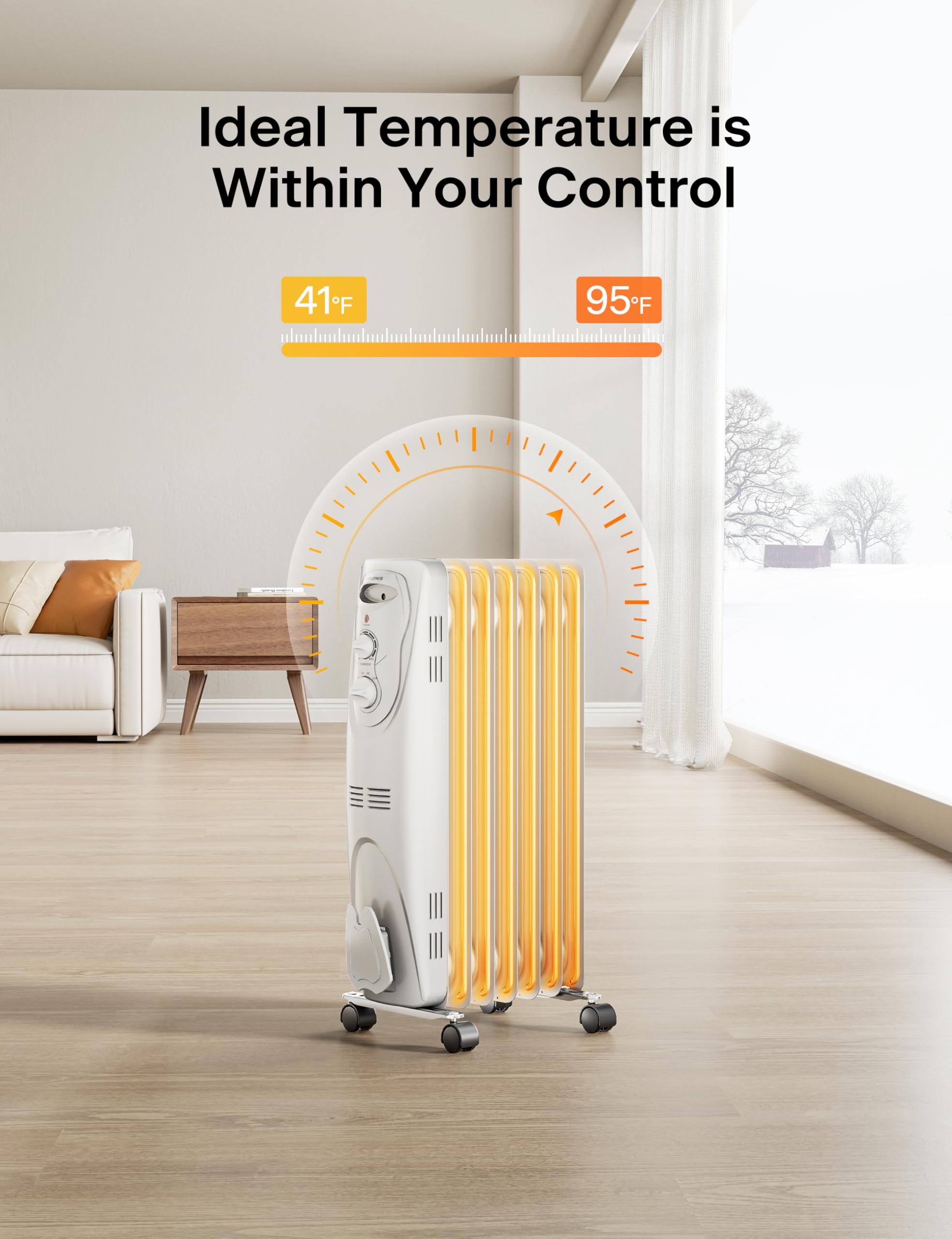 Pelonis Pho15A2Agw, Basic Electric Oil Filled Radiator, 1500W Portable Full Room Radiant Space Heater With Adjustable Thermostat