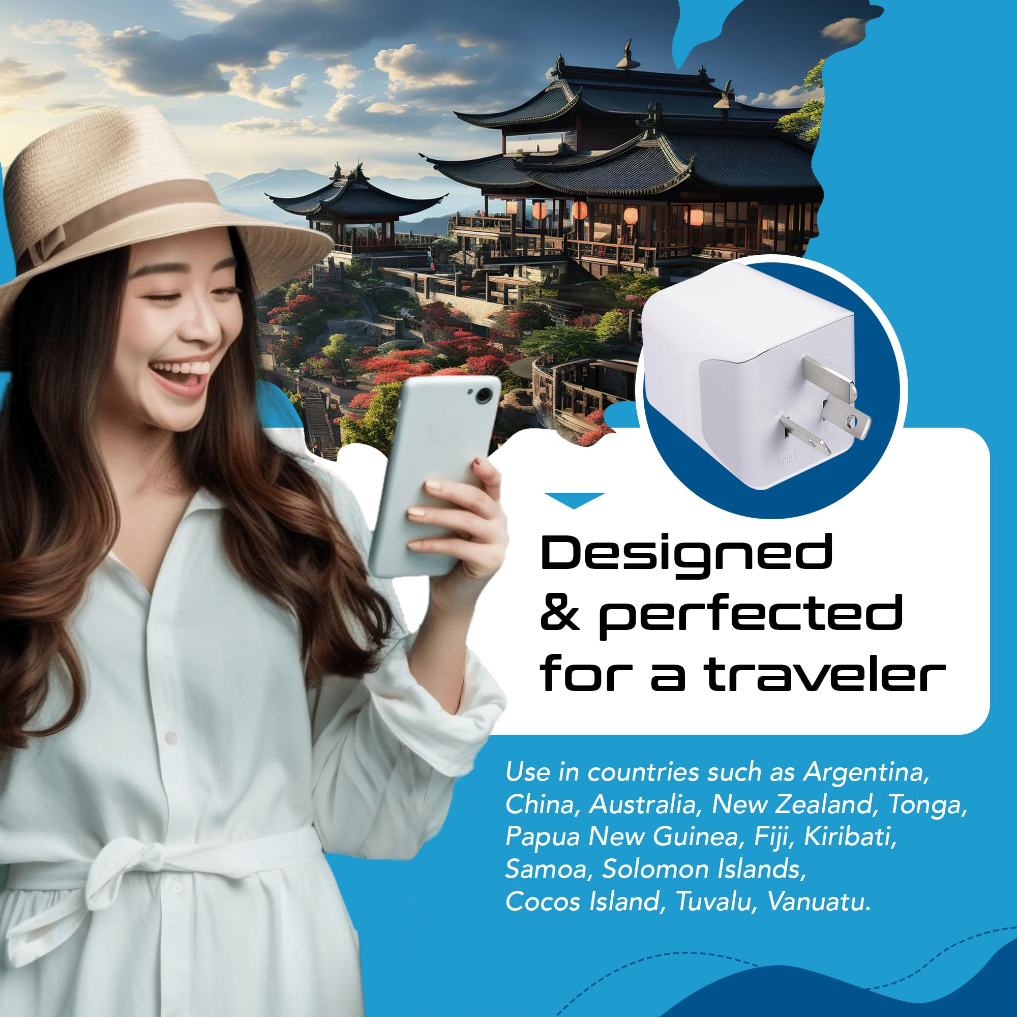 Ceptics Australia, New Zealand, China Travel Adapter Plug With Dual Usb Input   Ultra Compact   Usa To Type I   Perfect For Cell