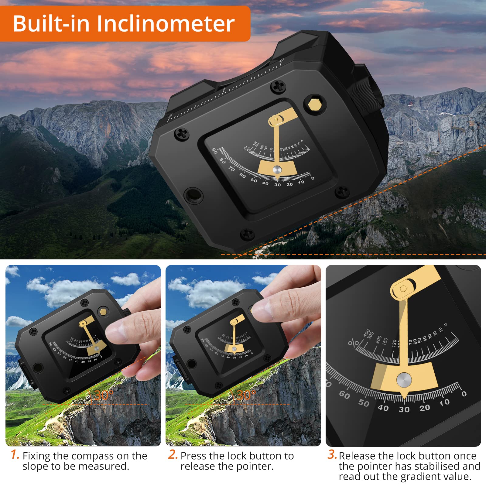 Proster Ip54 Hiking Compass Professional Military Compass Aluminum Alloy Camping Compass Waterproof With Sighting Clinometer