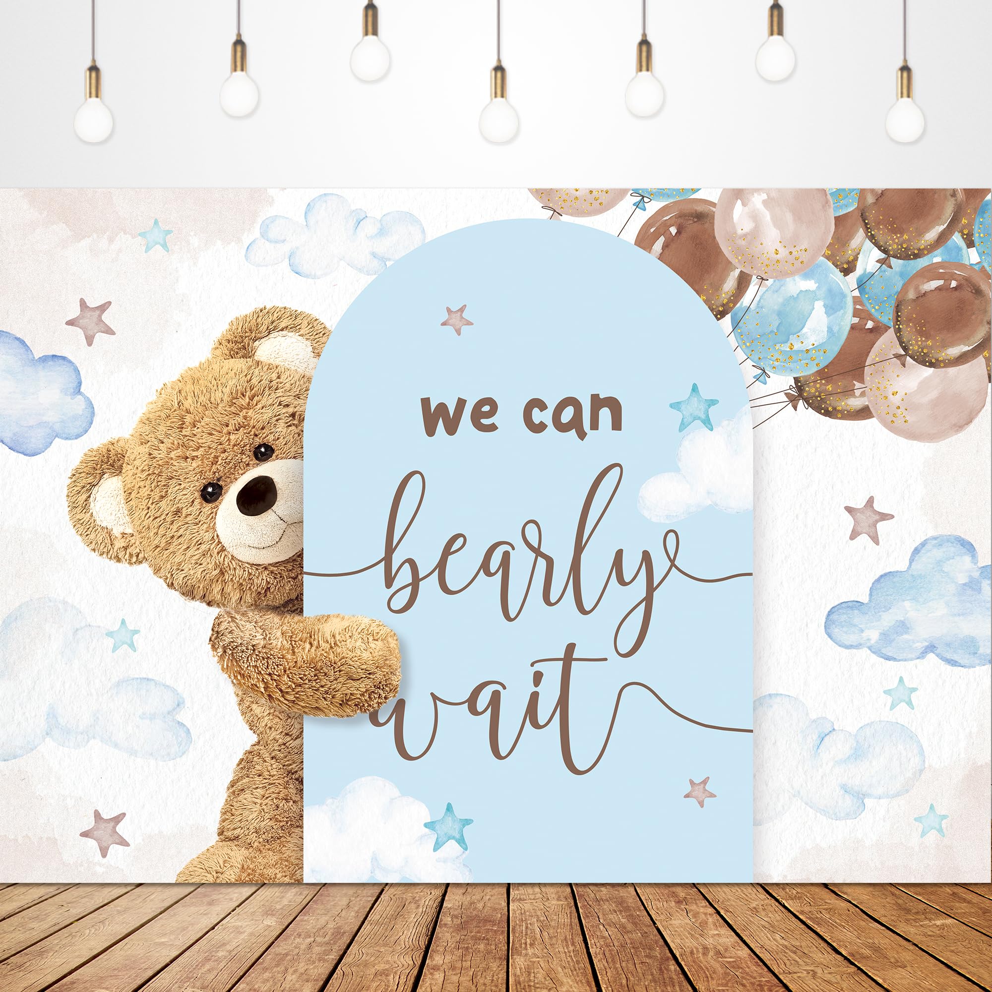 Glawry We Can Bearly Wait Backdrop 7Wx5H Feet Boho Lovely Cartoon Blue Balloons Arch Bear Baby Shower Party Decorations Photogra