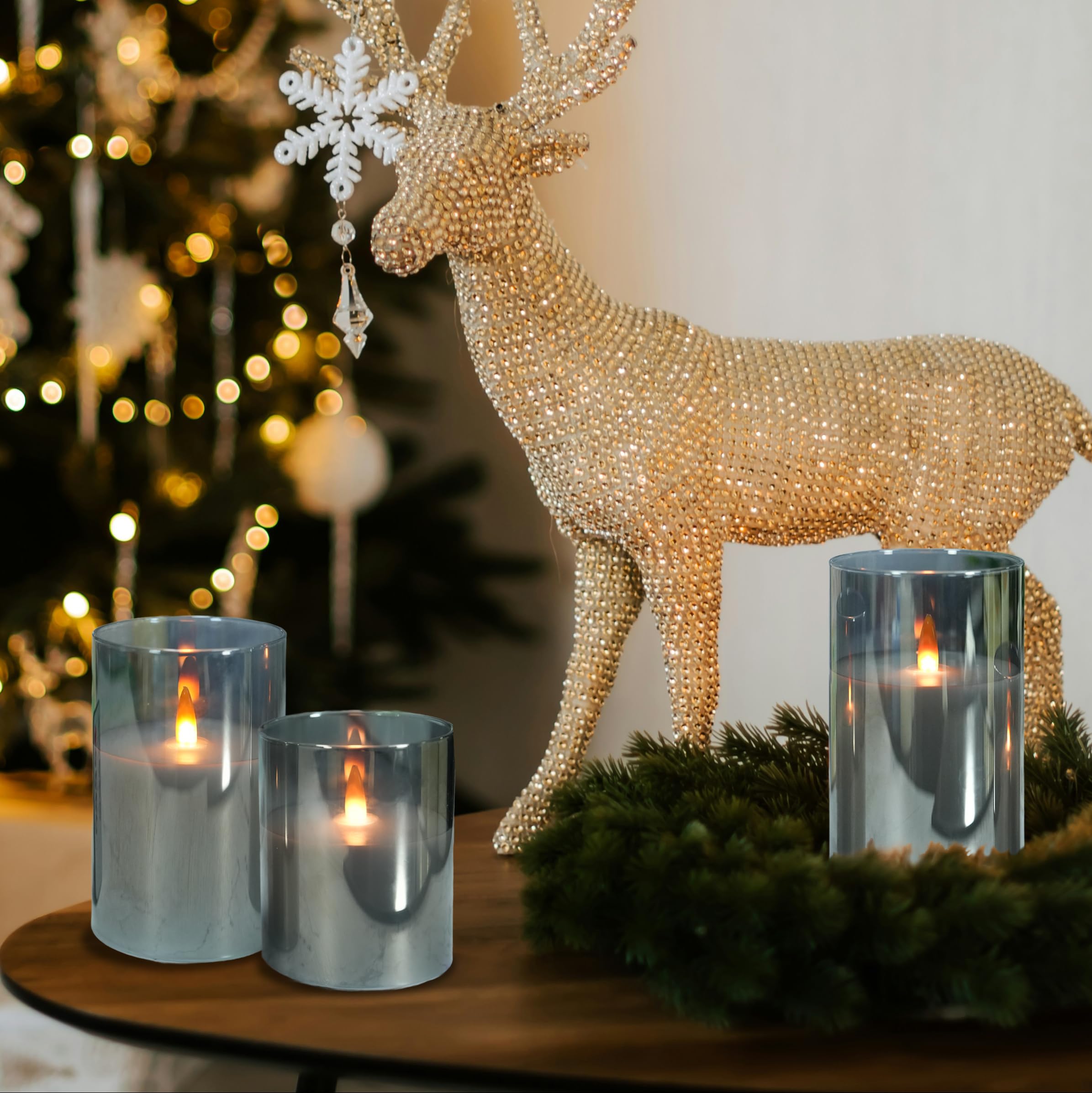 Niceme Grey Glass Flamelss Candles With Remote, Evanescing Radiance Candles Flickering Pillar Candles Battery Operated Real Wax