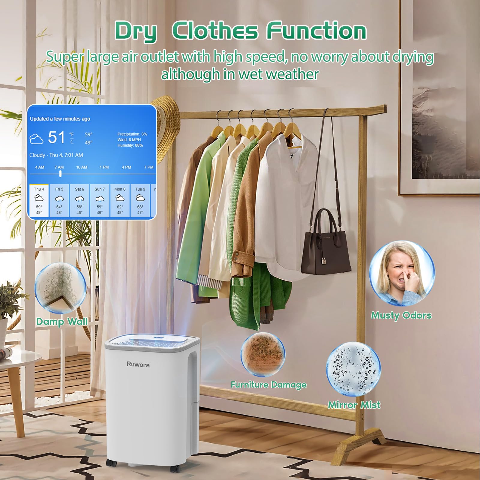 Dehumidifier For Home, Dehumidifier 4500 Sq.Ft 50 Pint, Dehumidifiers With Drain Hose, 0.66 Gallon Water Tank, Ruwora Dehumidifi