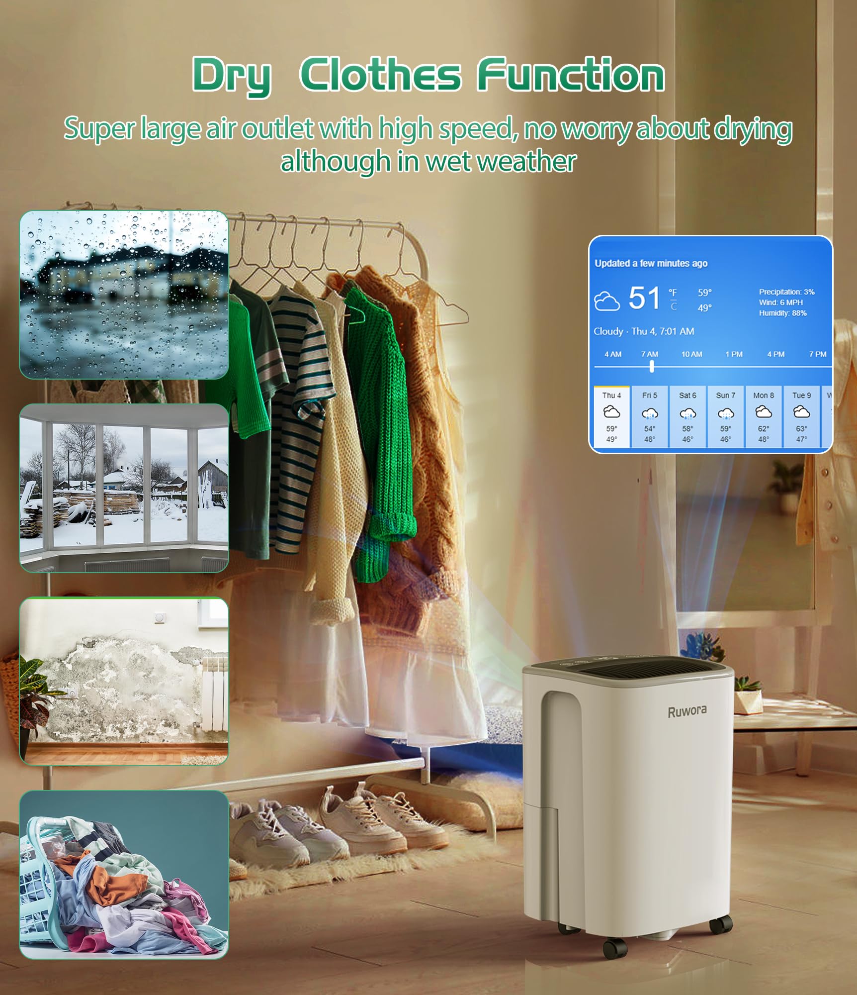 Dehumidifier 2500 Sq.Ft 30 Pint, Dehumidifiers With Drain Hose, 0.66 Gallon Water Tank, Ruwora Dehumidifiers For Home Basement B