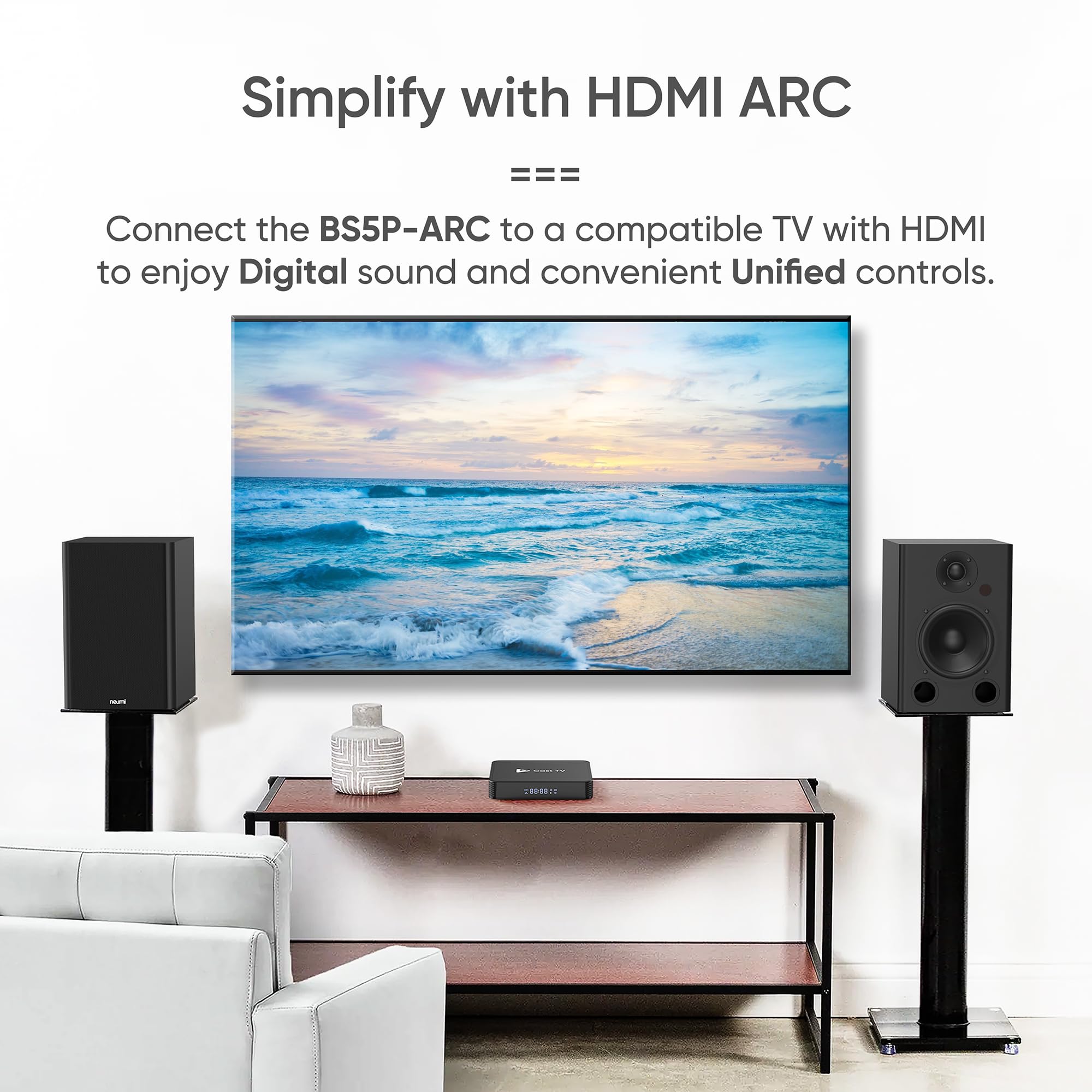 Neumi Bs5P Arc 75 Watt Powered Bookshelf Speakers, Bluetooth, Hdmi, Usb, Optical, Coaxial, Remote Control, 5 Inch Woofer, 1 Inch