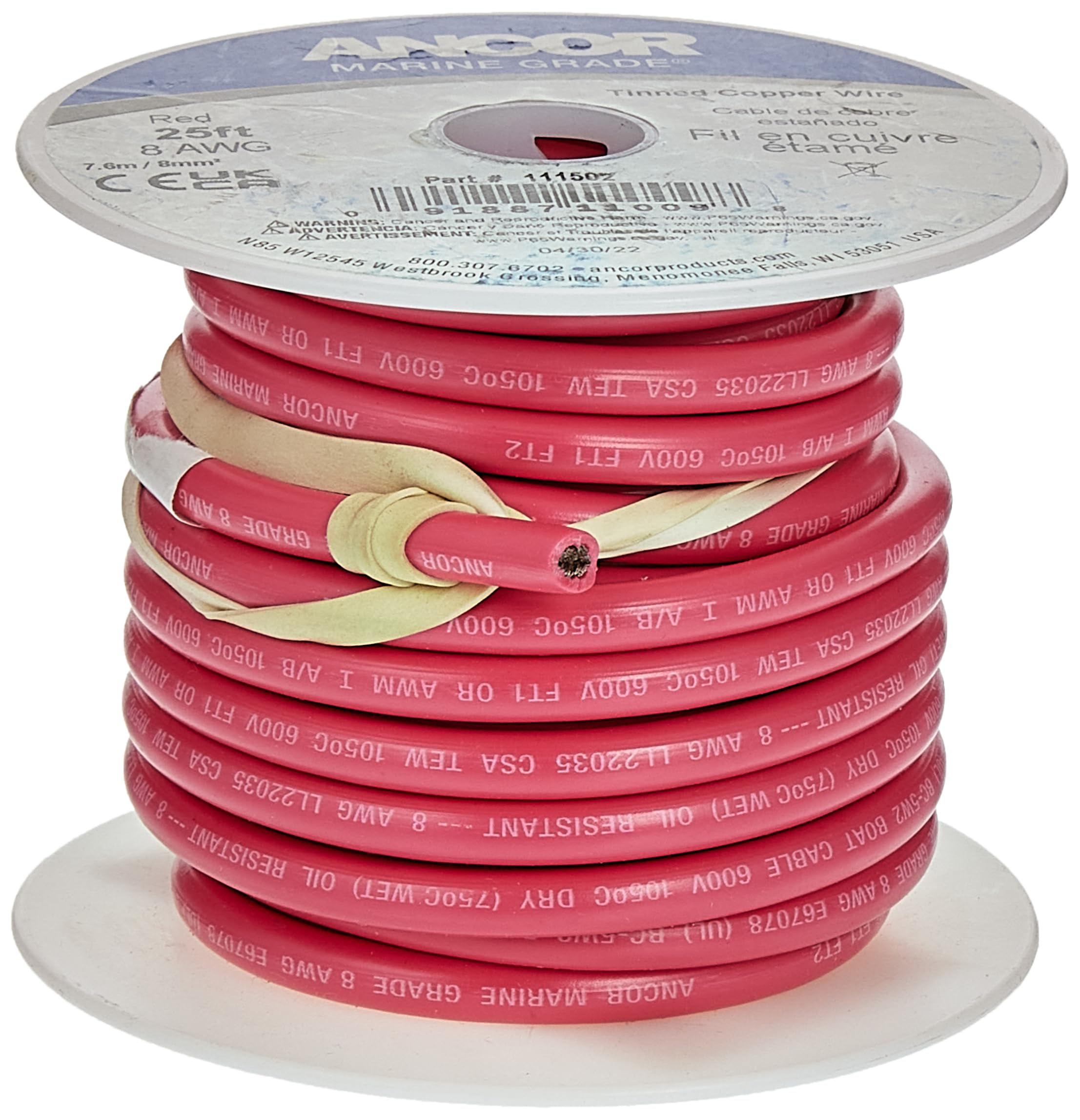 Ancor 111505 Marine Grade Electrical Tinned Copper Battery Cable (8-Gauge, Red, 50-Feet),WBHDWB000NV0HZ4