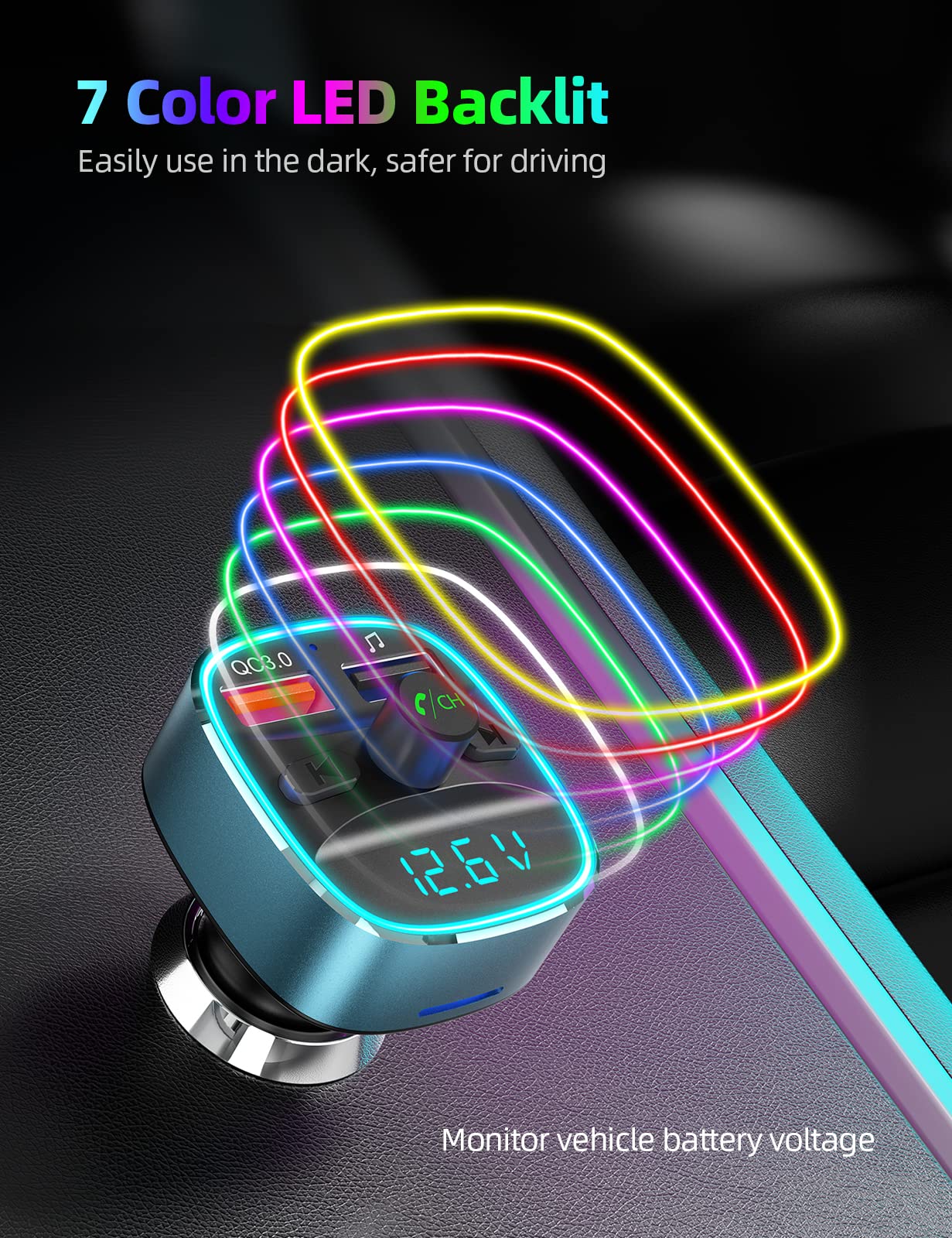 Nulaxy Bluetooth Fm Transmitter For Car, Bluetooth Car Adapter With Dual Usb Charging Car Charger Mp3 Player Support Tf Card & Usb Disk,Hands Free Calling,7 Colors Led Backlit Light Blue