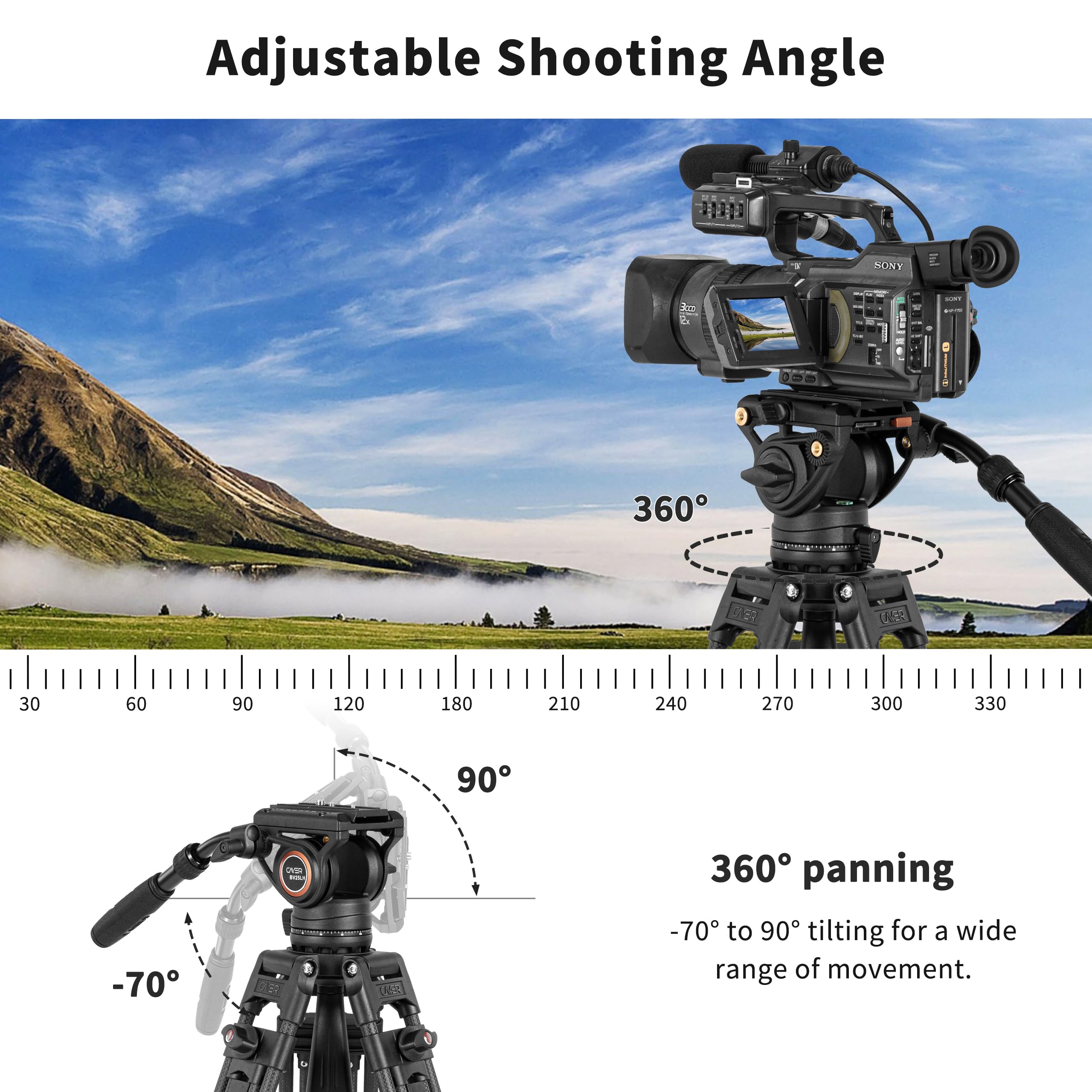 Cayer BV25LH Carbon Fiber Video Tripod System, 74" Heavy Duty Kit with Fluid Head, Twin Tube Legs, Max Load 17.6LB