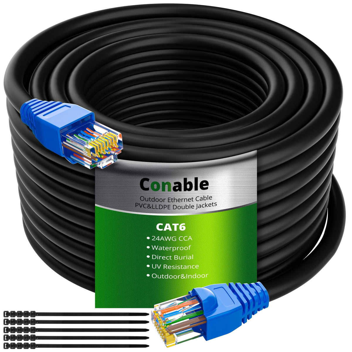 Cat6 Outdoor Ethernet Cable 50Ft, Heavy Duty Double Jackets Internet Cord, Waterproof, Direct Burial, (From 25Ft To 300 Ft) Supp