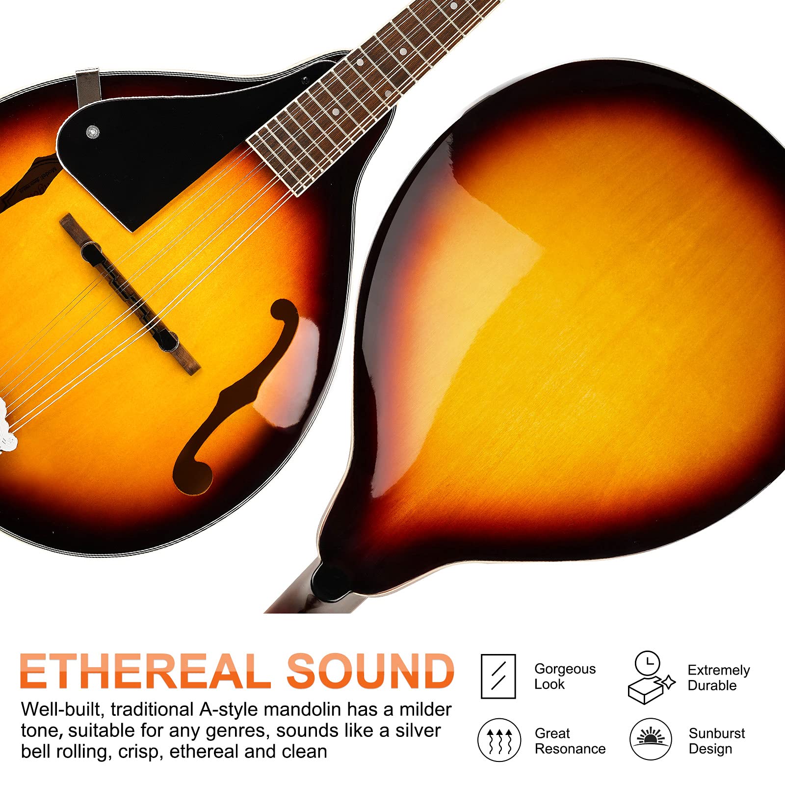 Vangoa Left Handed Mandolin Musical Instrument, Acoustic 8 String Mandolin A Style For Left Hand Beginners, Sunburst