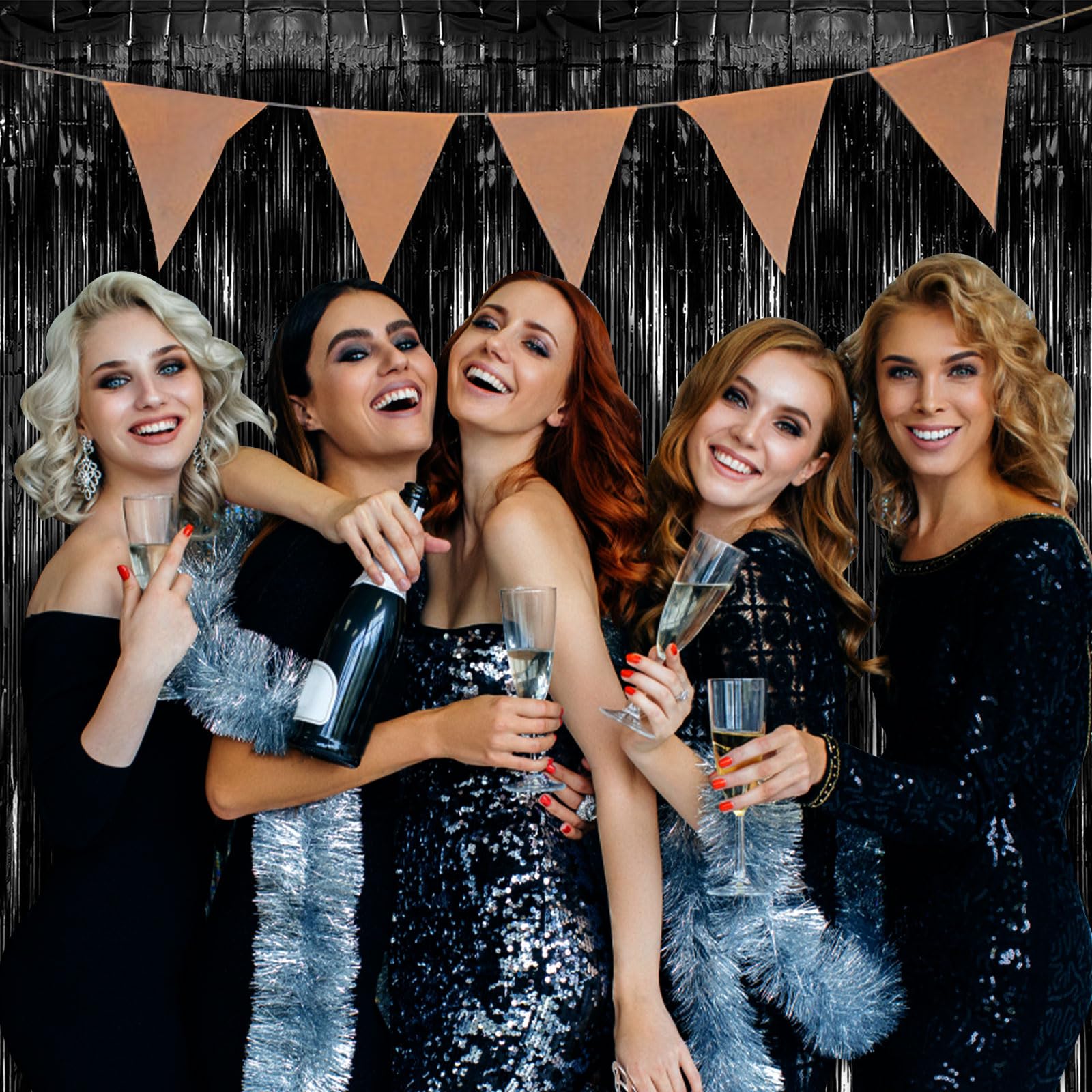 5 Pack Black Party Streamers Backdrop Tinsel Foil Fringe Curtains Halloween Party Decorations Birthday Wednesday Twilight Party