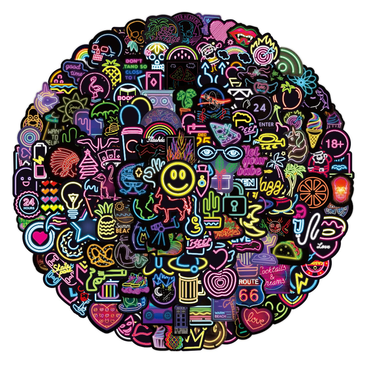 200Pcs Neon Style Stickers Decals, Cool Neon Light Stickers For Kids Teens Adults, Waterproof Vinyl Stickers For Laptop Water Bo