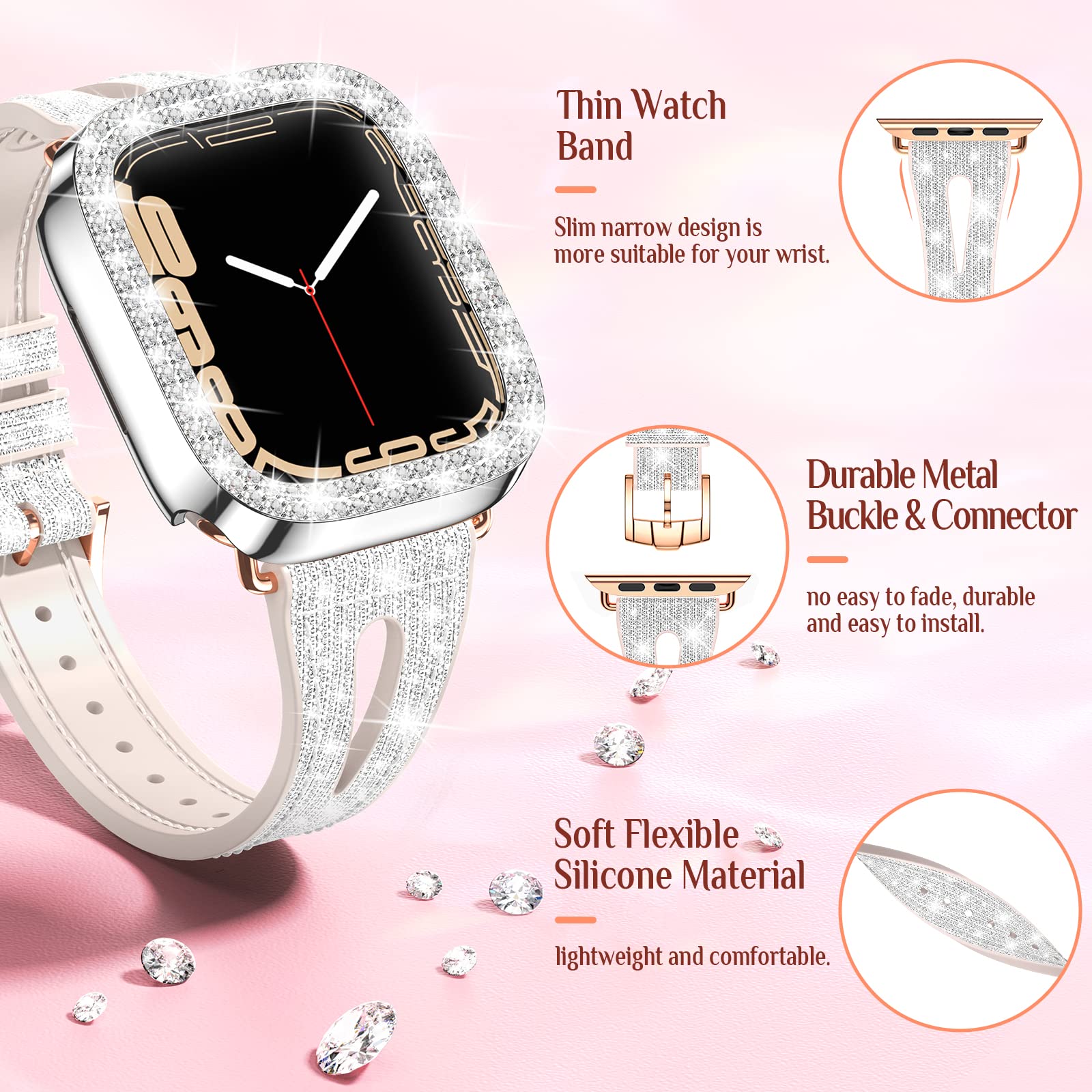 Goton Bling Band + Case For Apple Watch Bands 45Mm 44Mm 41Mm 40Mm 38Mm Series Se 6 5 4, Women Glitter Silicone Thin Strap + Bump