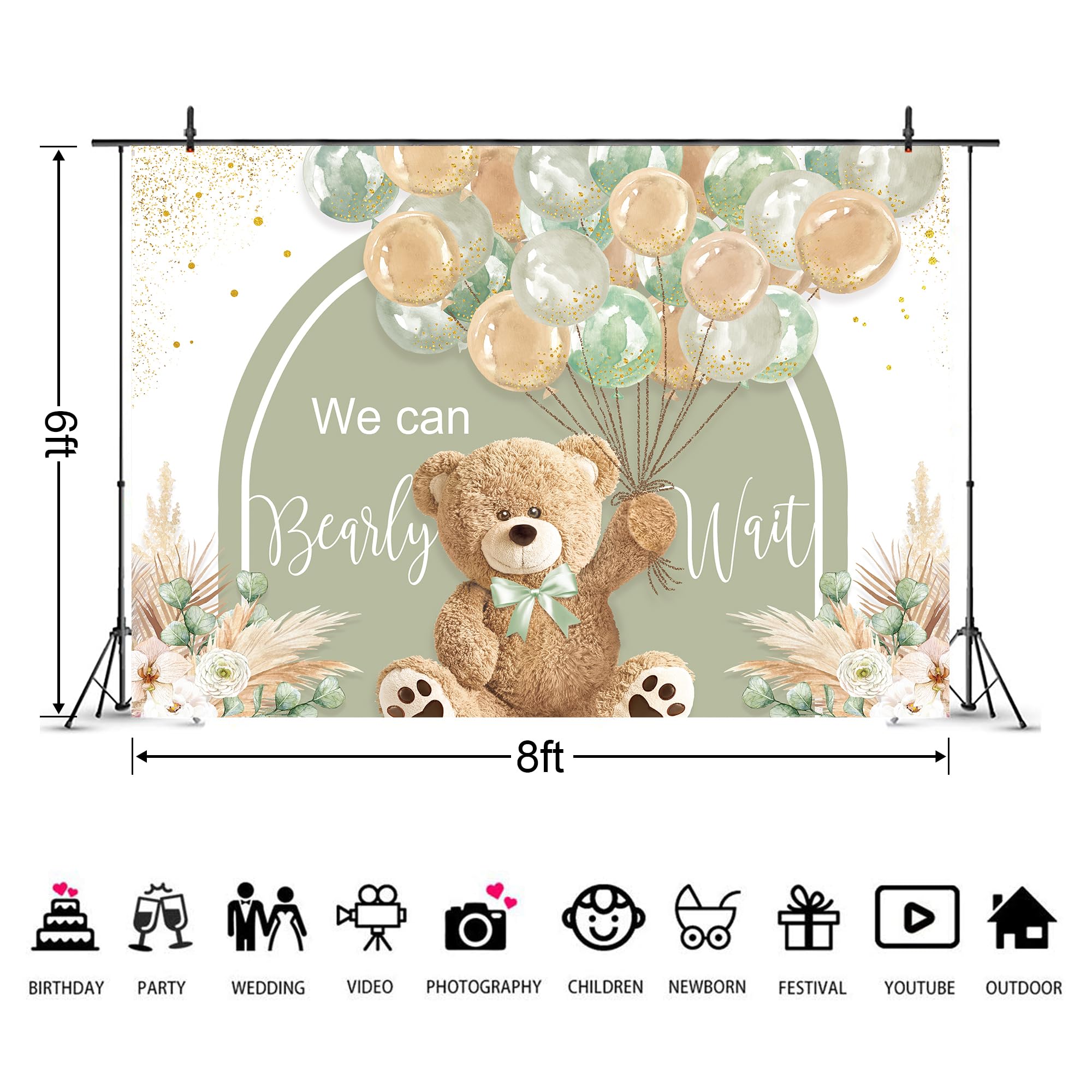 Imirell Bear Baby Shower Backdrop 8Wx6H Feet We Can Bearly Wait Cute Cartoon Green Brown Balloon Floral Pampas Grass Polyester F