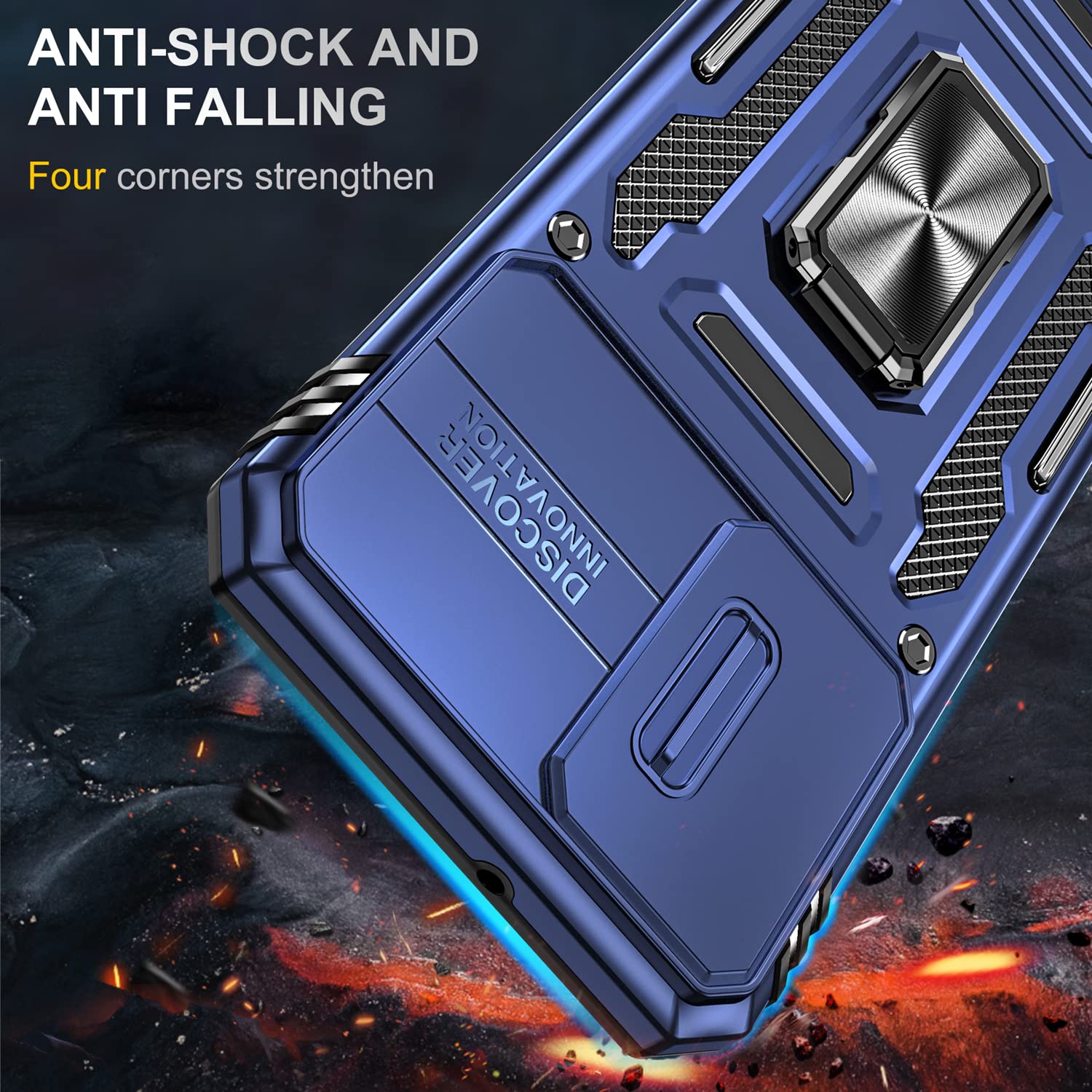 Saiboro Samsung Galaxy S22 5G Phone Case with Camera Cover & Rotating Ring Magnetic Kickstand, Heavy Duty Shockproof PC/TPU Blue
