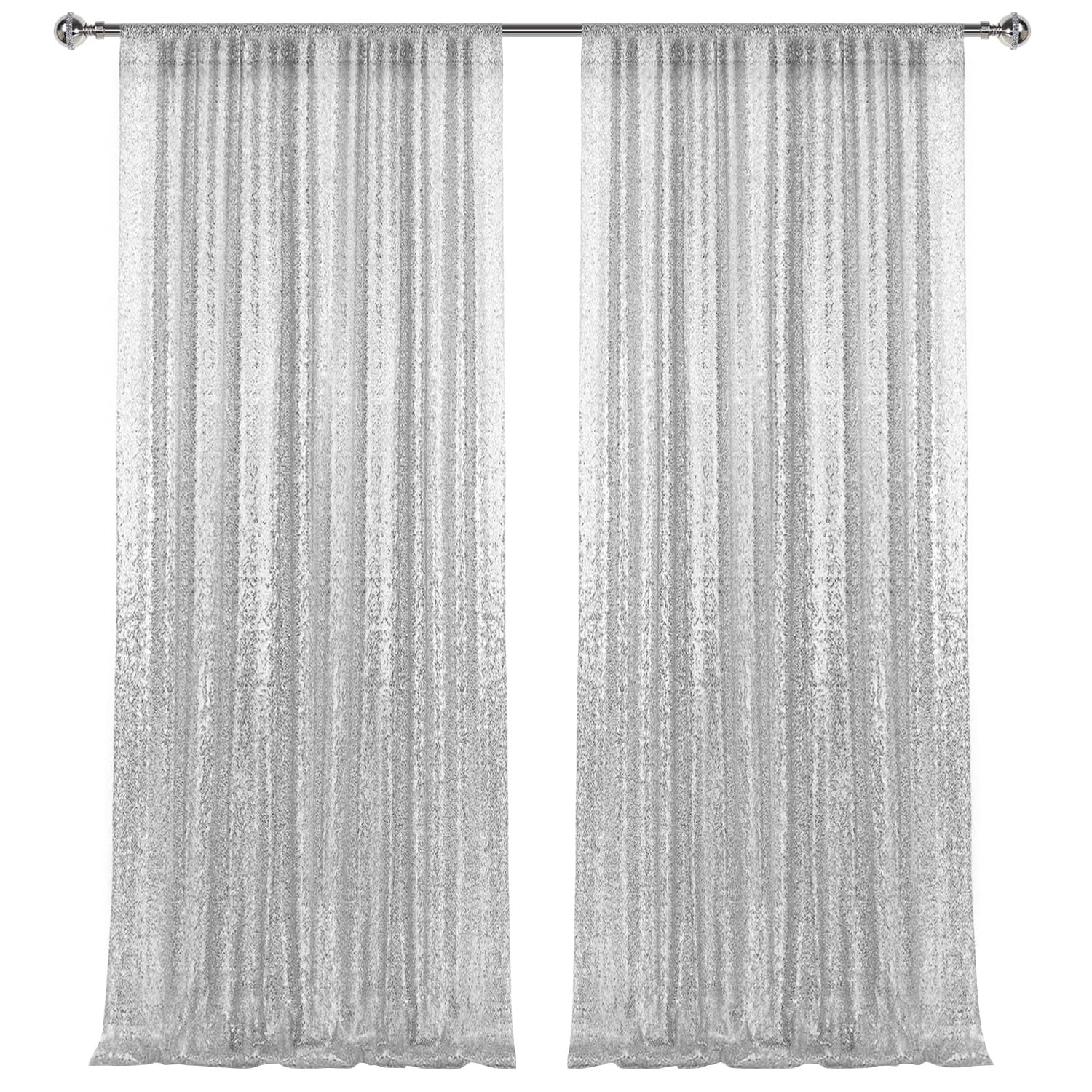 2  8Ft 2Pcs Silver Sequin Backdrop Curtains Panels, Photography Backdrop Glitter Fabric Background For Christmas Wedding Party D