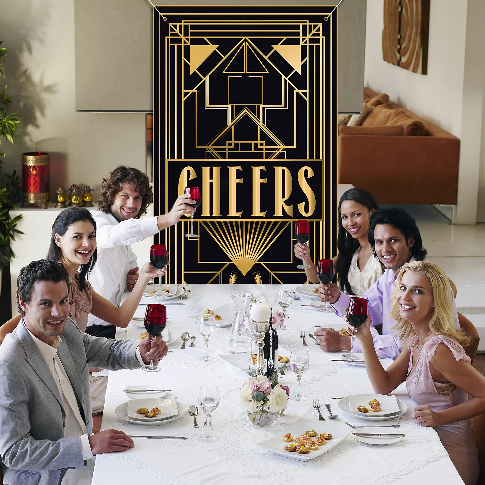 Lingxiu Cheers 20S Party Decorations,Roaring Door Cover Banner,Large Fabric Black And Gold Glitter Sign Photo Booth Backdrop Bac