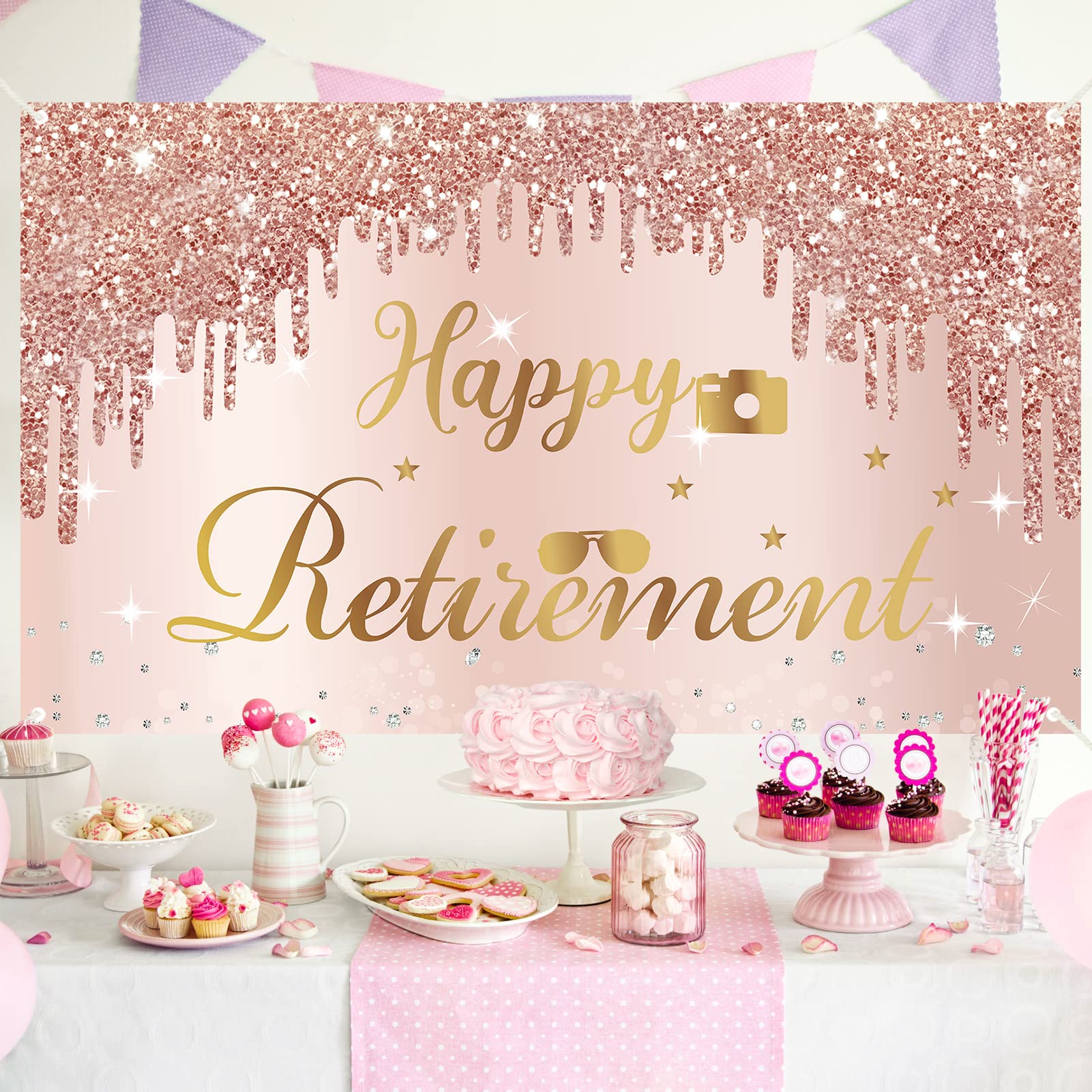 Happy Retirement Party Banner Backdrop Decorations For Women, Pink Rose Gold Retirement Theme Party Supplies, Extra Large Retire
