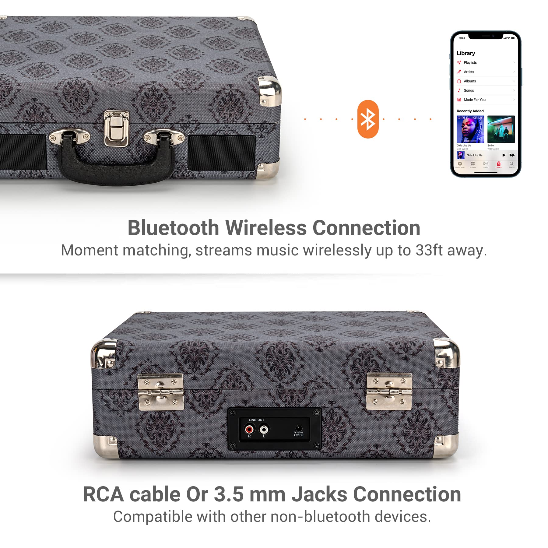 Byronstatics Record Player, Vinyl Turntable Records Player Bluetooth 5.0, Built In Stereo Speakers, 3 Speed, Extra Stylus, Suppo