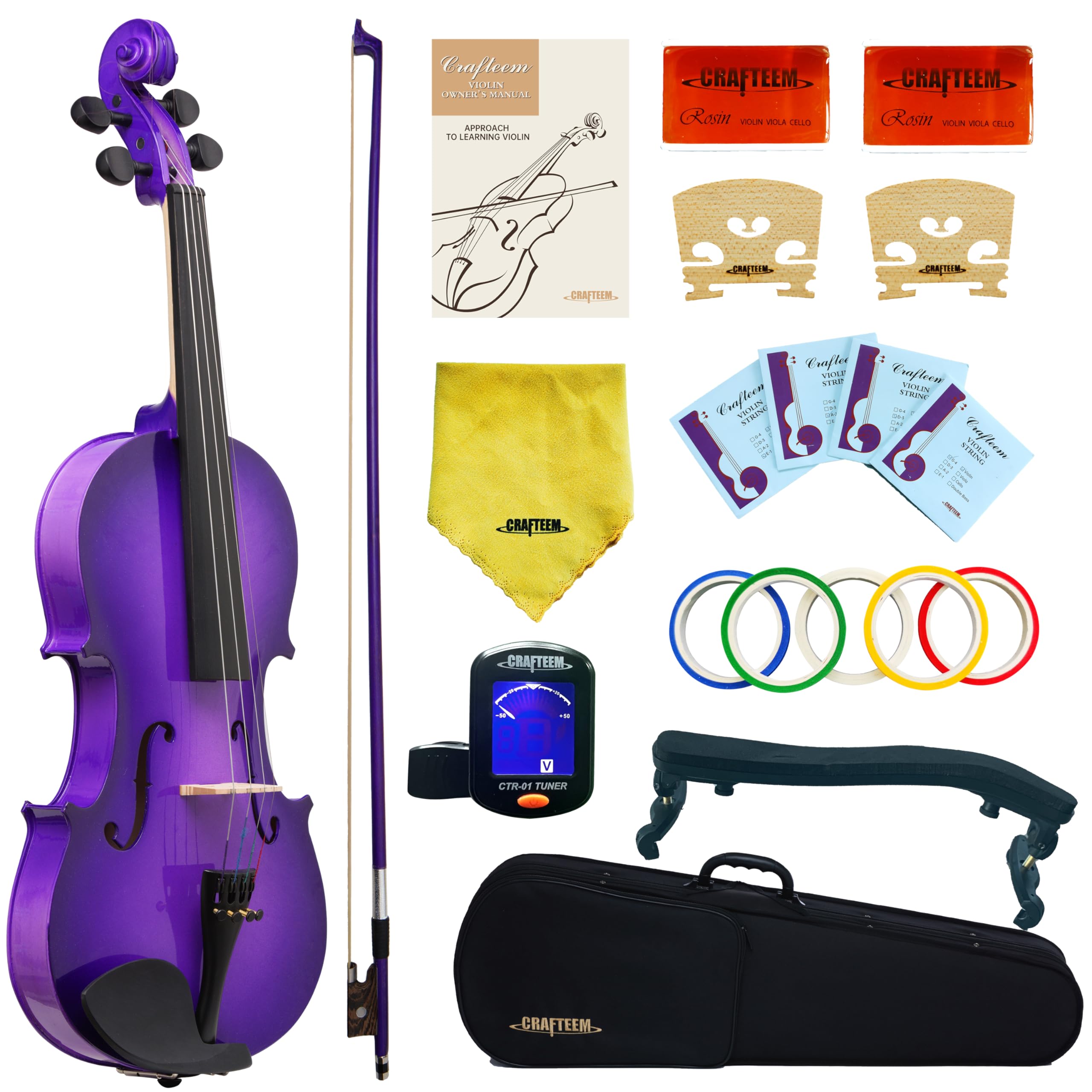 Crafteem 4/4 Full Size Fiddle Purple Colored Premium Violin Outfit for Beginners Adults Kids With 5 Color Fingering Tape- Handcr