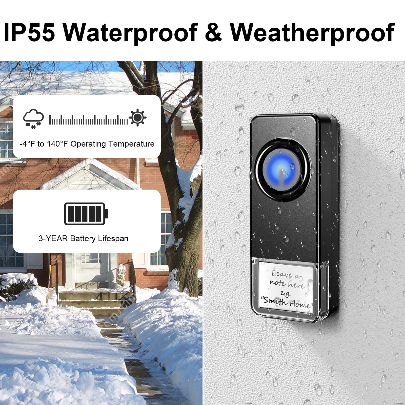 PHYSEN Wireless Doorbell Kit - 58 Ringtones, 5 Volume Levels, 1300-ft Range, 2 Transmitters, 3 Receivers, Black, Model CWUSW