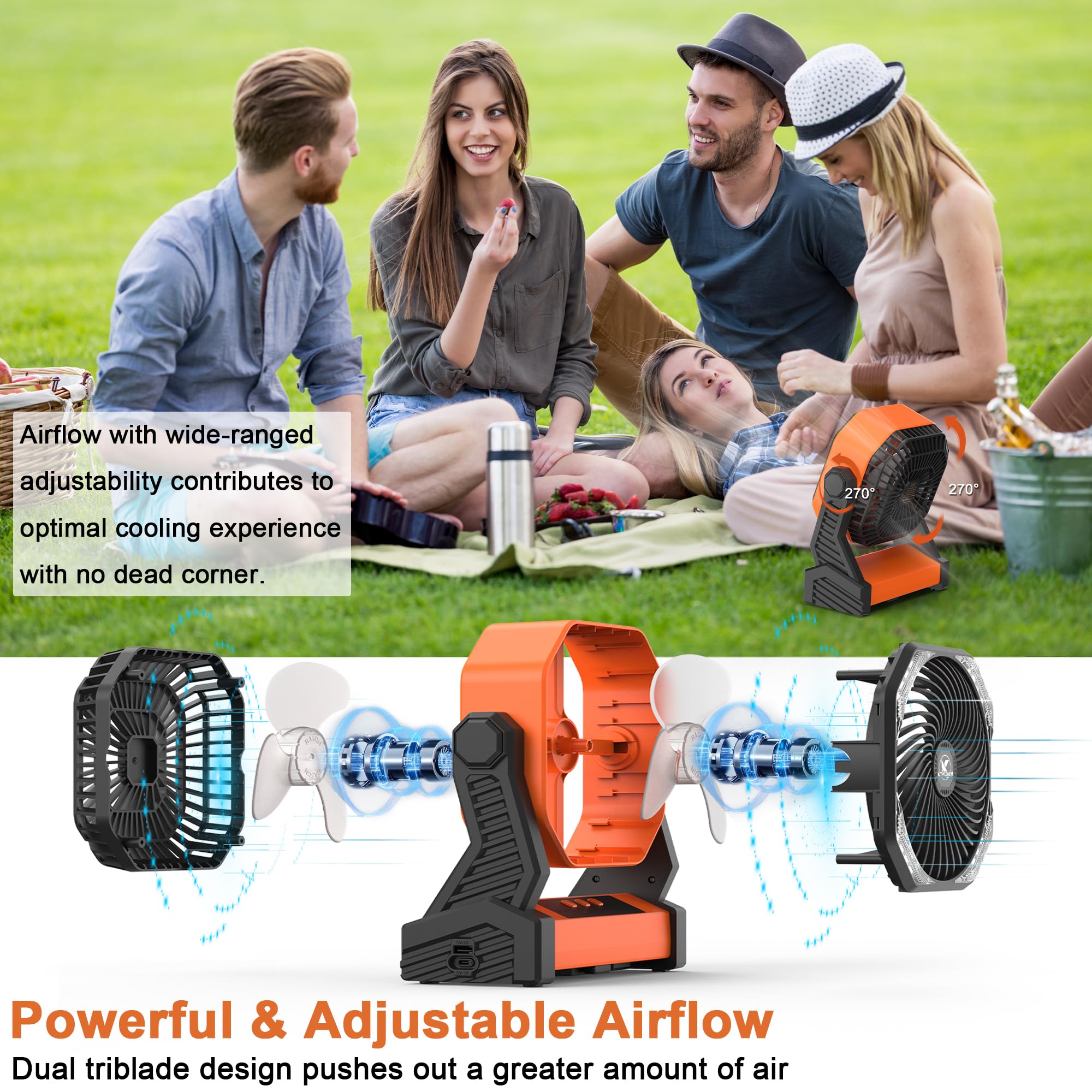 Kitwlemen Camping Fan With Led Lantern, 20000Mah Rechargeable Battery Operated Outdoor Tent Fan With Light & Hanging Hook, 4 Spe