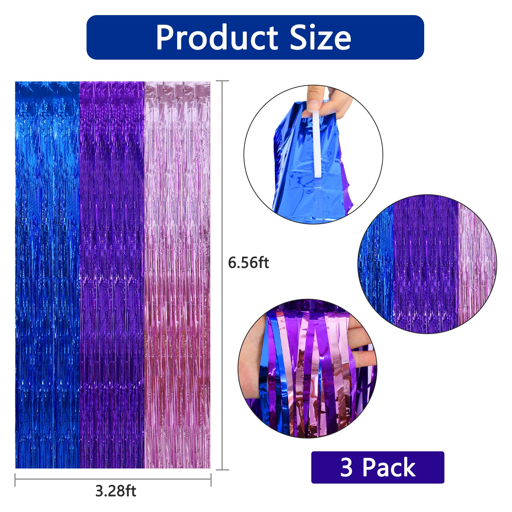 Beishida 3Pcs Blue Purple Pink Door Streamer Colorful Backdrop Foil Fringe Tinsel Curtains Under The Sea Backdrops For Birthday