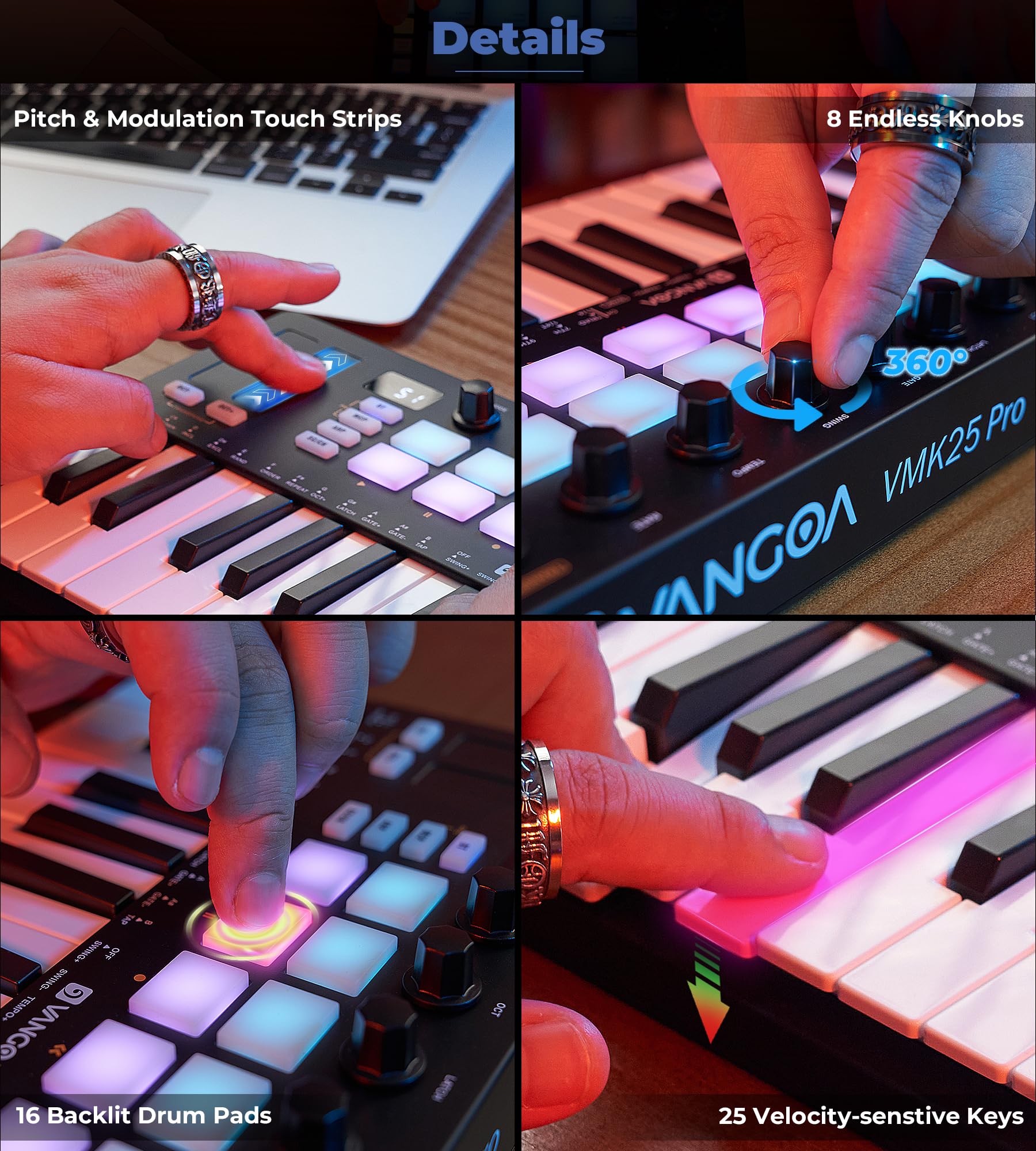 Vangoa Beat Maker For Music Production, 25 Keys Midi Pad Beating Makers Machine, Wireless Mini Controller Keyboard Computer Reco