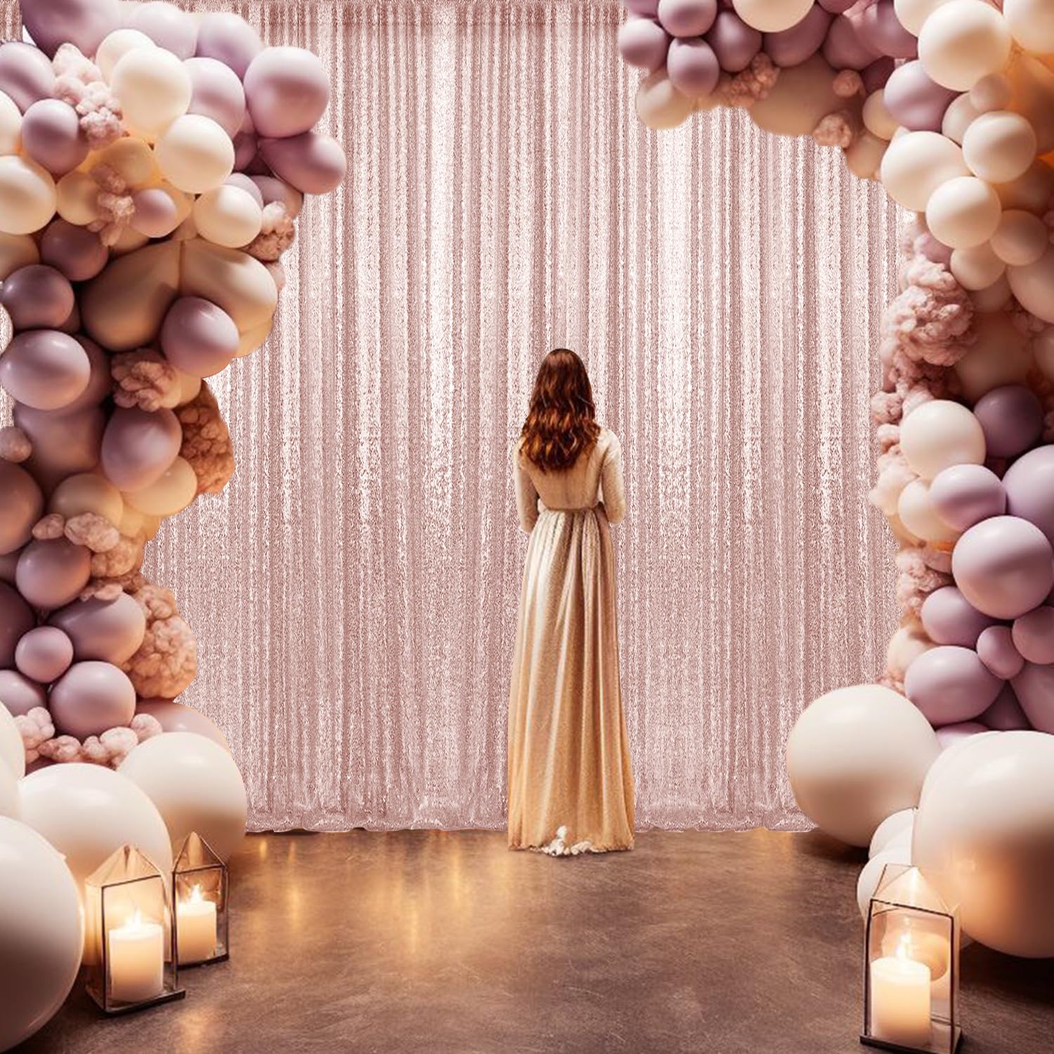 2  8Ft 2Pcs Rose Gold Sequin Backdrop Curtains Panels, Photography Backdrop Glitter Curtains Fabric Background For Christmas Wed