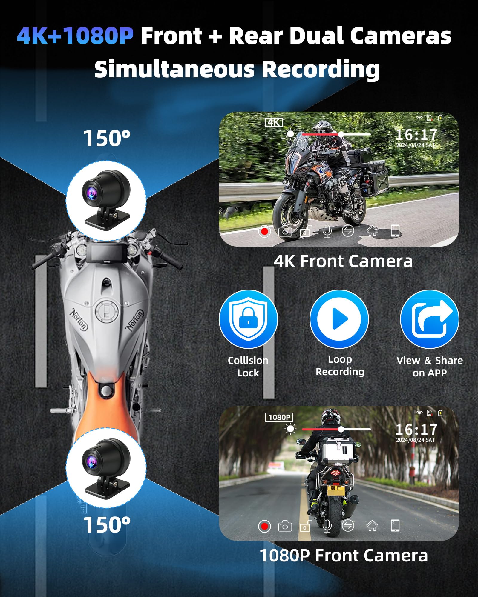 2025 Motorcycle Carplay Screen 7 4K+1080P Dash Cam Front And Rear Android Auto Wireless Carp Lay Waterproof For Moto With Dual C