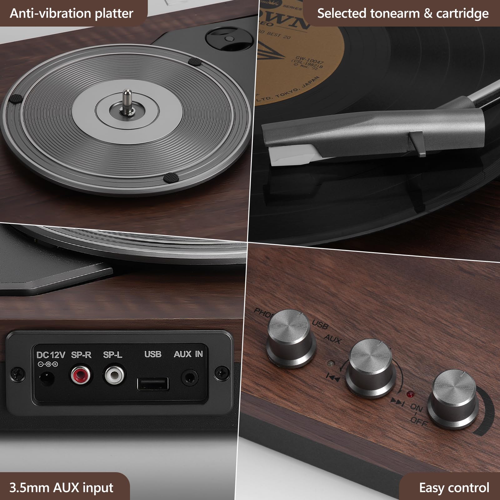 Retrospiler Record Player, 3 Speed Turntable With Two 15W External Speakers, Bluetooth Input, Aux In, Usb Playback& Lp Mp3 Recor