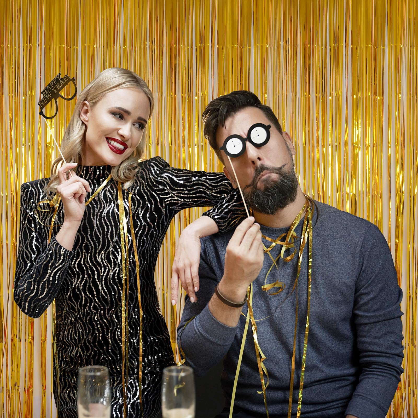 Gold Glitter Backdrop Metallic Foil Fringe Backdrop, Melsan 3.2 X 8 Ft Metallic Foil Fringe Backdrop For New Year Eve Party Supp